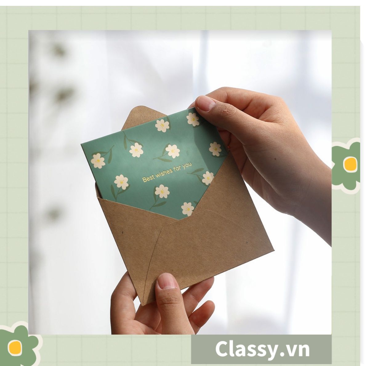 Thiệp Cổ điển Vintage Classy in họa tiết hoa nhí giấy art sang trọng kèm phong bì giấy kraft nâu Q724