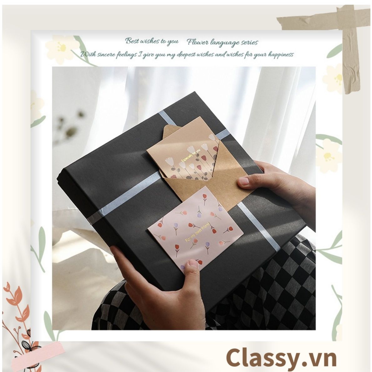 Thiệp Cổ điển Vintage Classy in họa tiết hoa nhí giấy art sang trọng kèm phong bì giấy kraft nâu Q724
