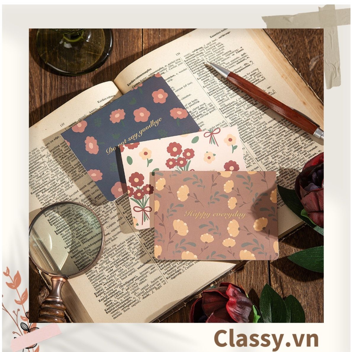 Thiệp Cổ điển Vintage Classy in họa tiết hoa nhí giấy art sang trọng kèm phong bì giấy kraft nâu Q724
