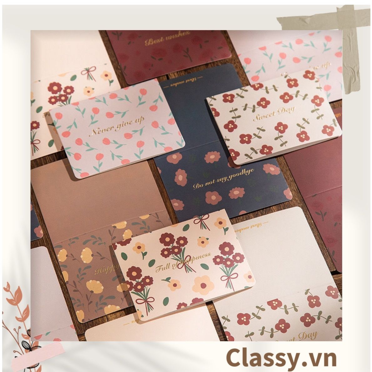 Thiệp Cổ điển Vintage Classy in họa tiết hoa nhí giấy art sang trọng kèm phong bì giấy kraft nâu Q724