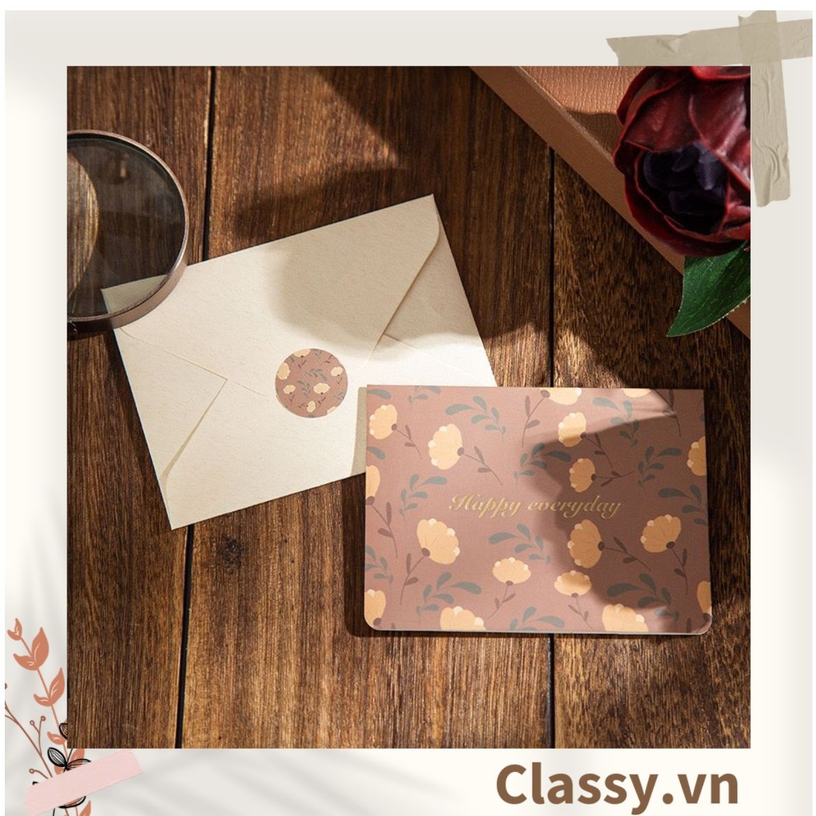 Thiệp Cổ điển Vintage Classy in họa tiết hoa nhí giấy art sang trọng kèm phong bì giấy kraft nâu Q724