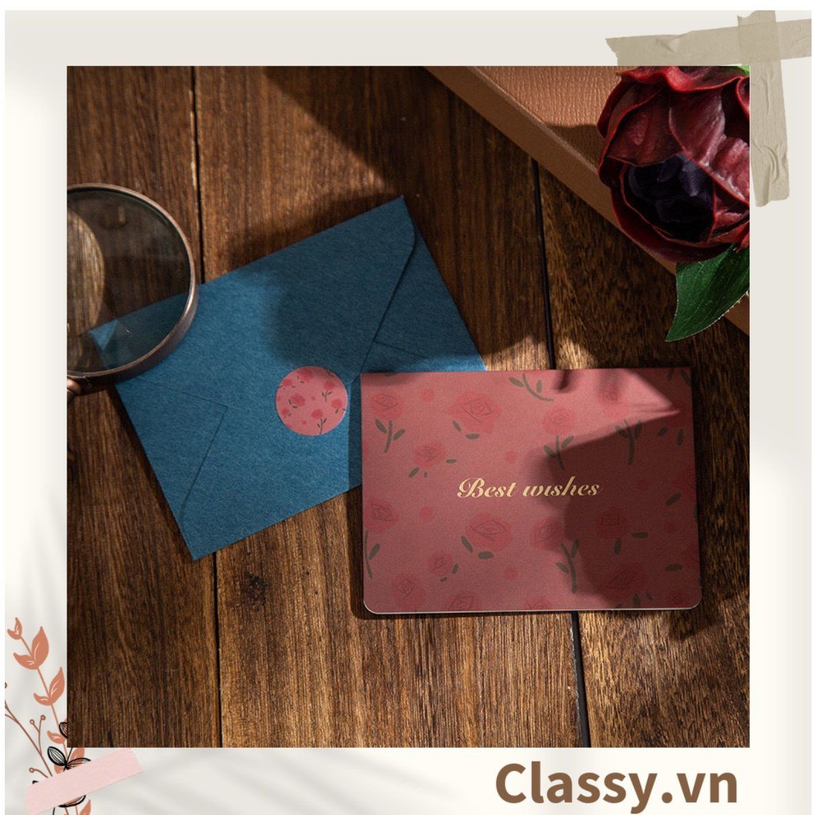 Thiệp Cổ điển Vintage Classy in họa tiết hoa nhí giấy art sang trọng kèm phong bì giấy kraft nâu Q724