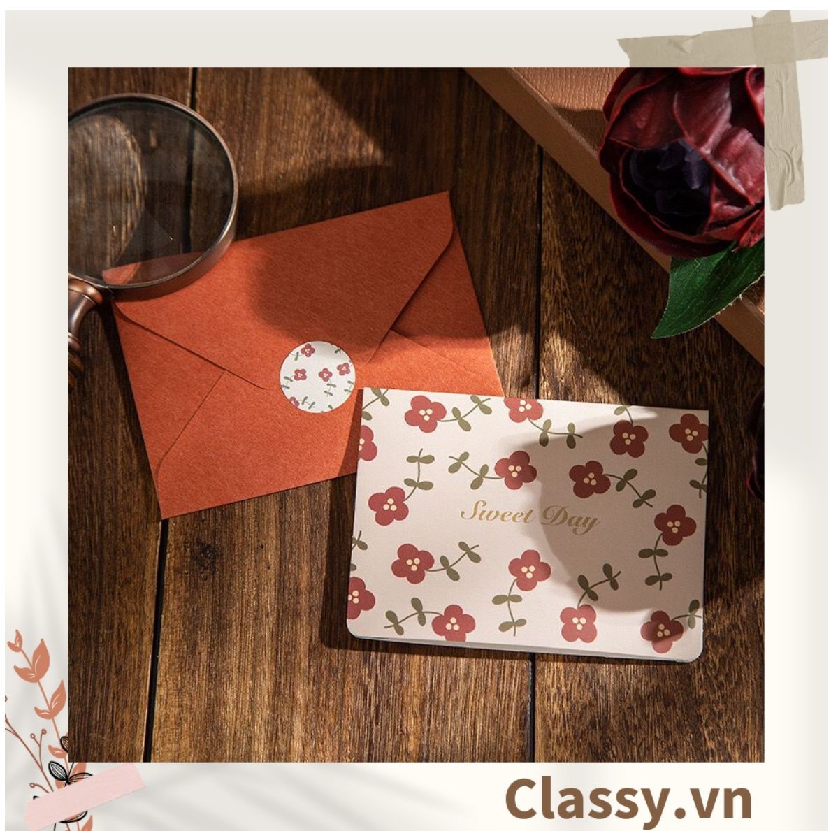 Thiệp Cổ điển Vintage Classy in họa tiết hoa nhí giấy art sang trọng kèm phong bì giấy kraft nâu Q724