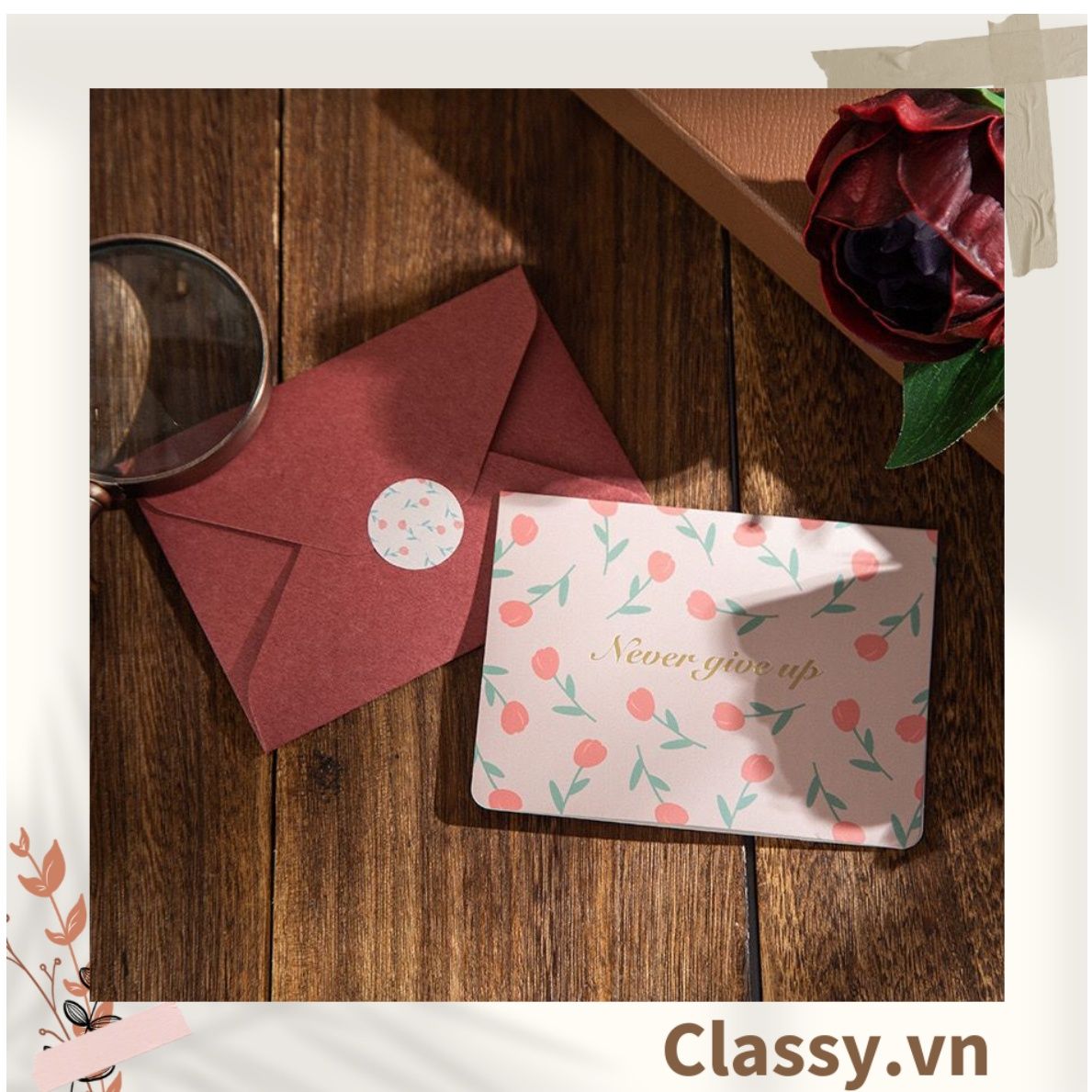 Thiệp Cổ điển Vintage Classy in họa tiết hoa nhí giấy art sang trọng kèm phong bì giấy kraft nâu Q724