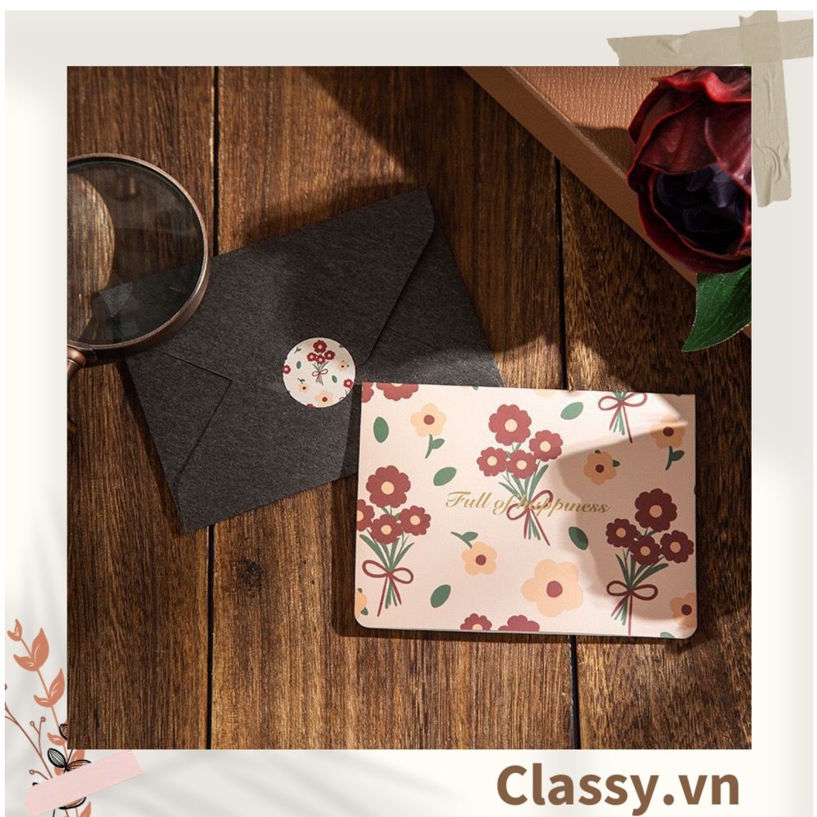 Thiệp Cổ điển Vintage Classy in họa tiết hoa nhí giấy art sang trọng kèm phong bì giấy kraft nâu Q724