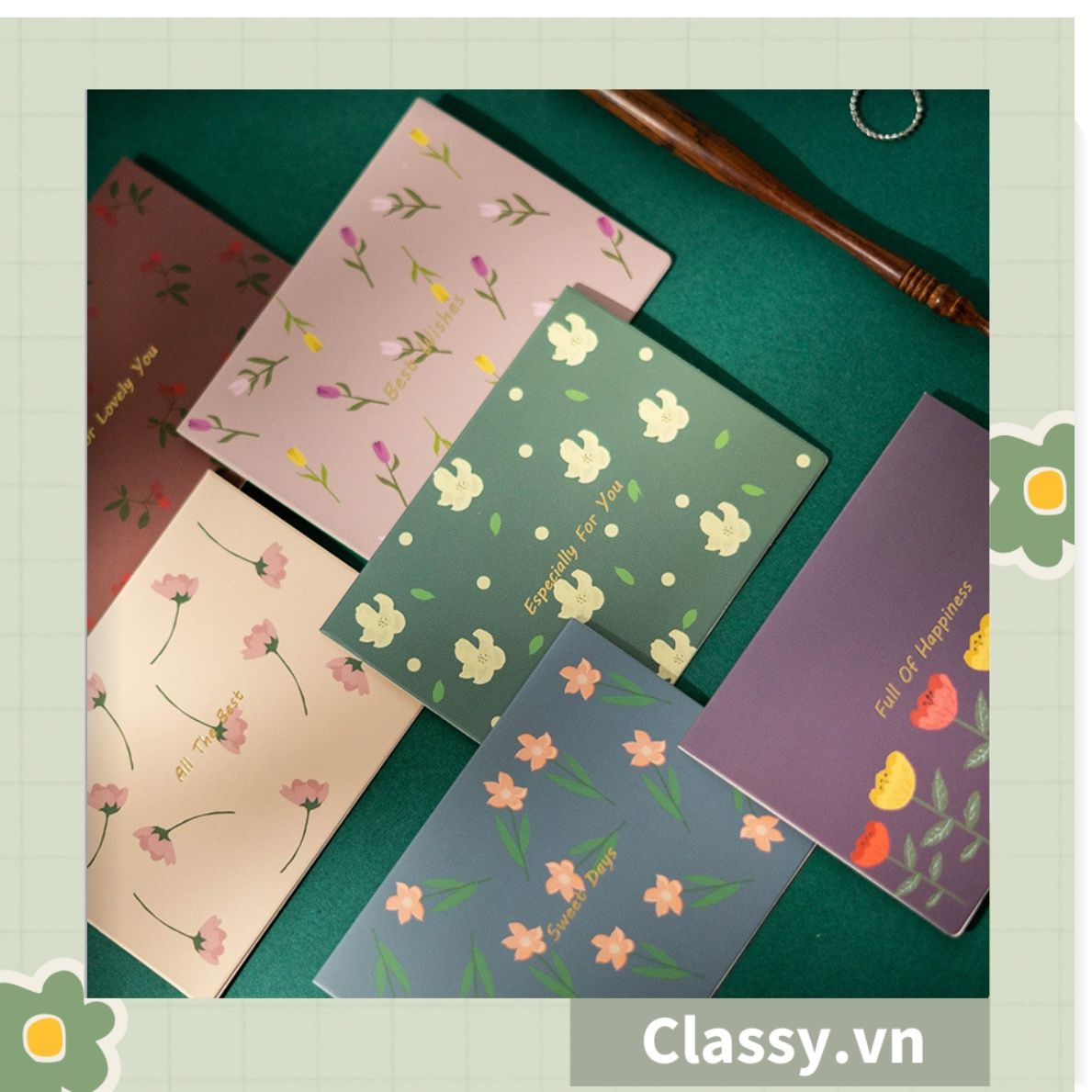 Thiệp Cổ điển Vintage Classy in họa tiết hoa nhí giấy art sang trọng kèm phong bì giấy kraft nâu Q724