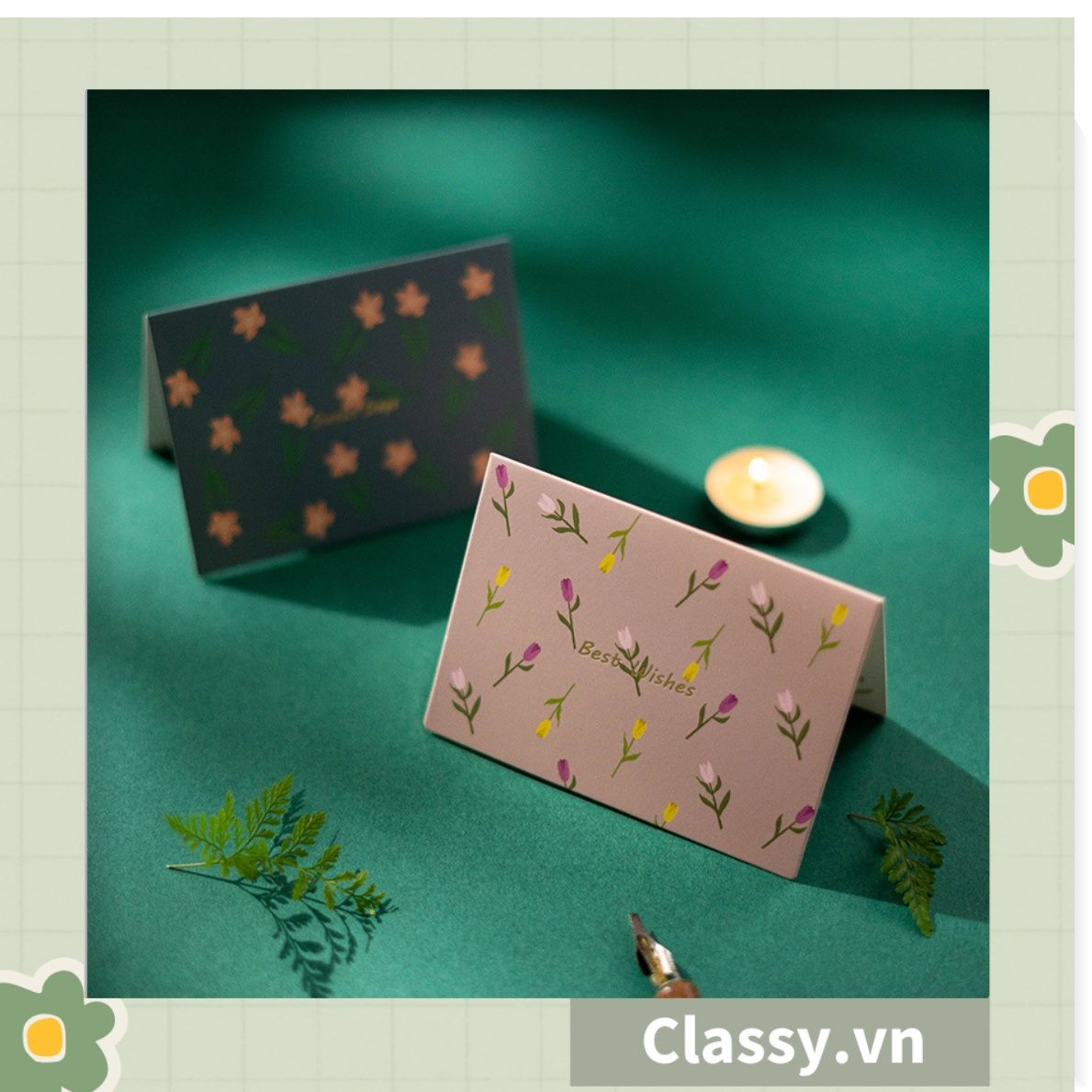 Thiệp Cổ điển Vintage Classy in họa tiết hoa nhí giấy art sang trọng kèm phong bì giấy kraft nâu Q724