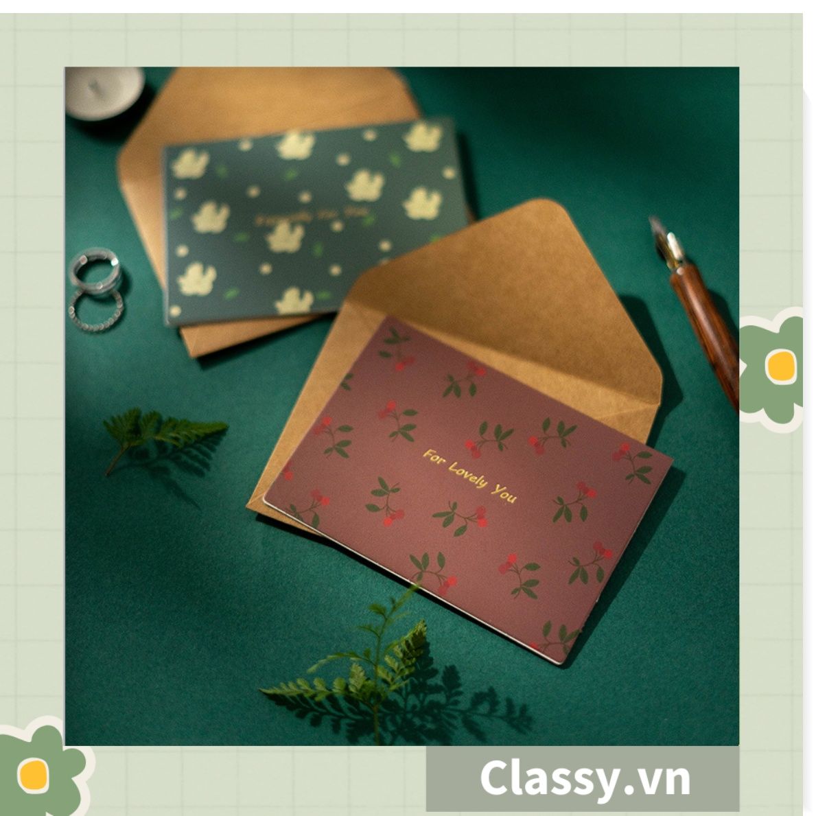 Thiệp Cổ điển Vintage Classy in họa tiết hoa nhí giấy art sang trọng kèm phong bì giấy kraft nâu Q724