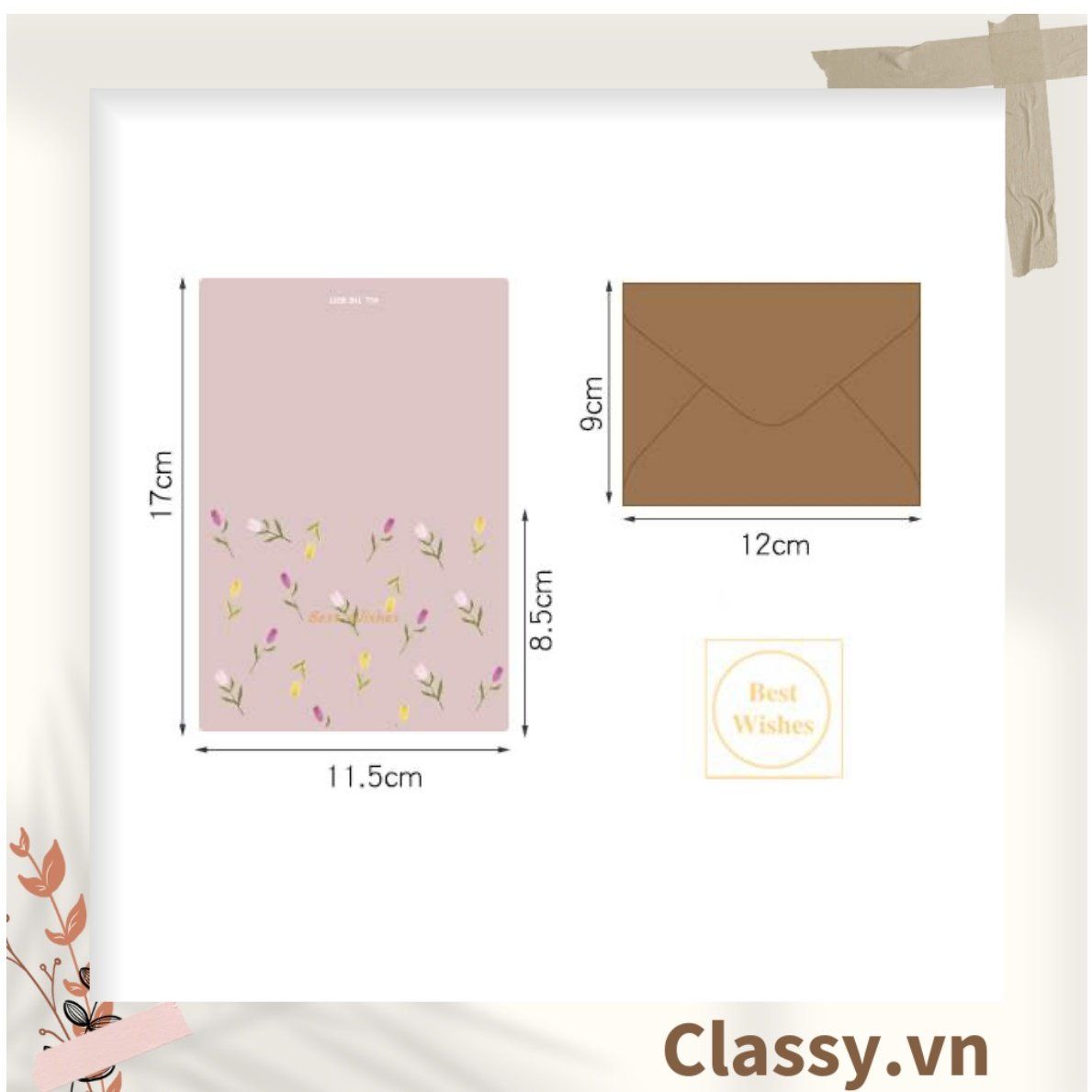 Thiệp Cổ điển Vintage Classy in họa tiết hoa nhí giấy art sang trọng kèm phong bì giấy kraft nâu Q724