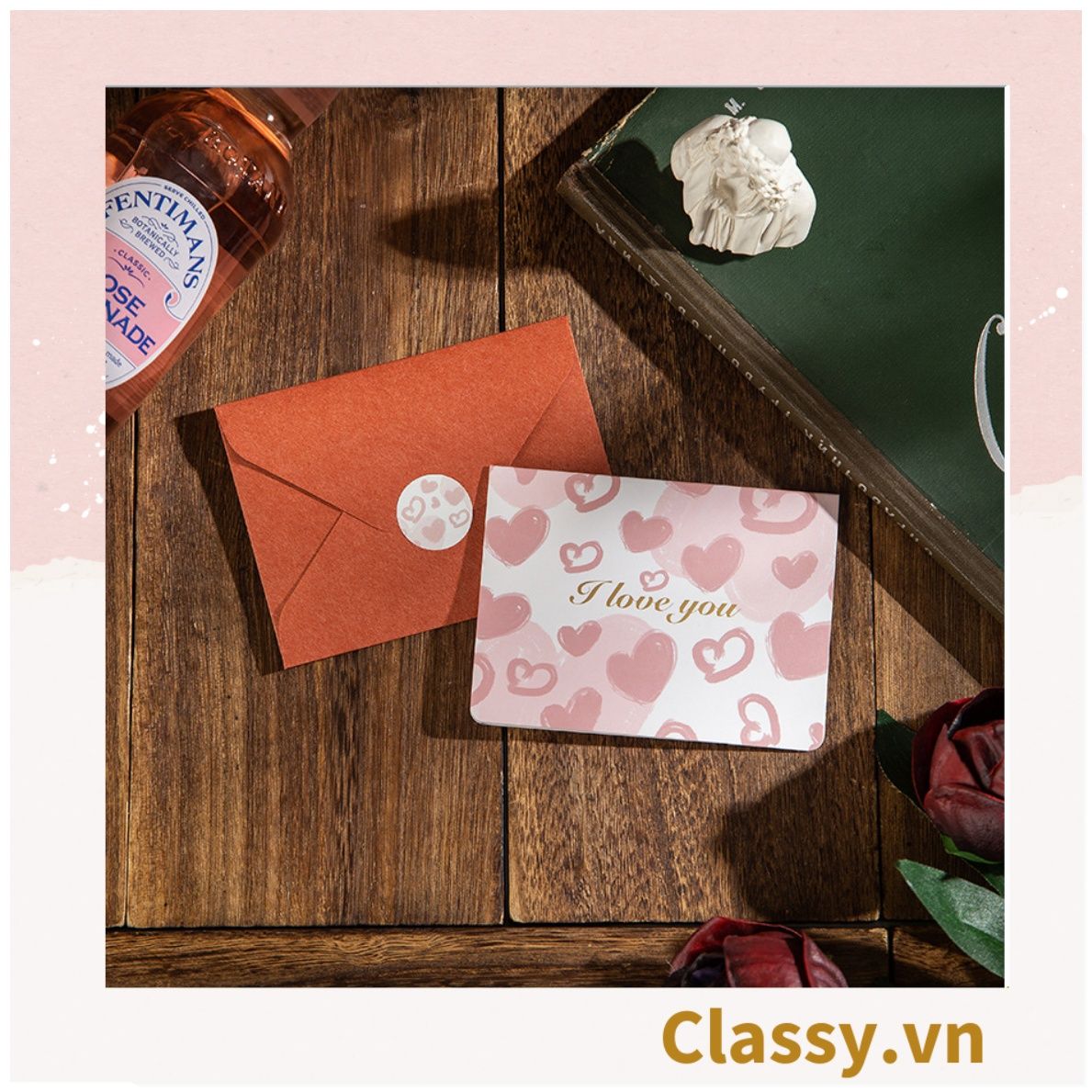 Thiệp Cổ điển Vintage Classy in họa tiết hoa nhí giấy art sang trọng kèm phong bì giấy kraft nâu Q724