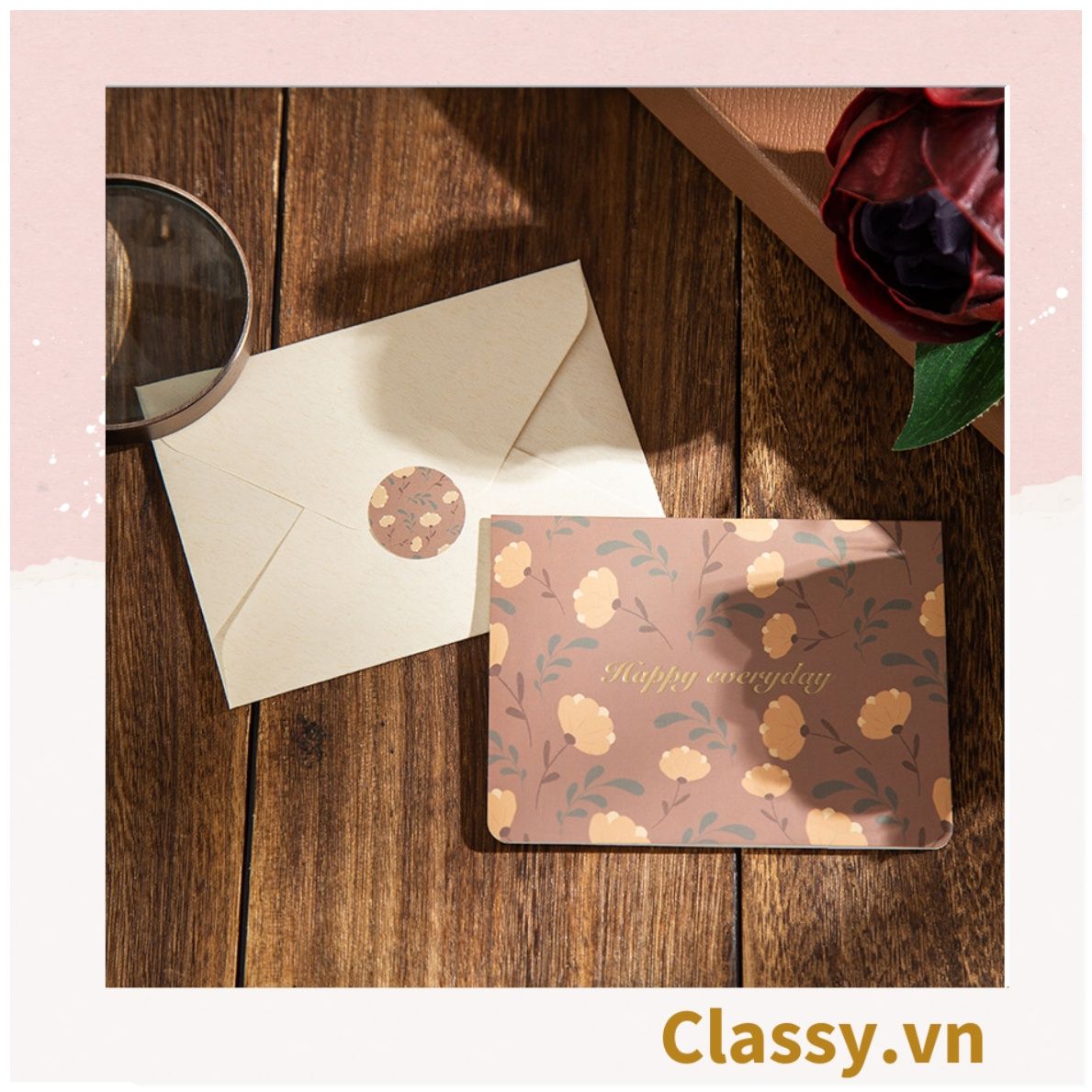 Thiệp Cổ điển Vintage Classy in họa tiết hoa nhí giấy art sang trọng kèm phong bì giấy kraft nâu Q724