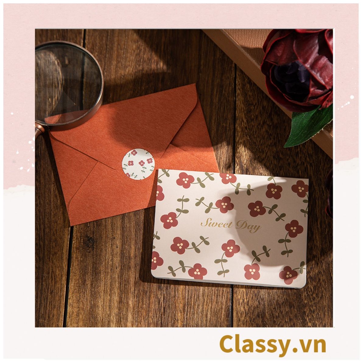 Thiệp Cổ điển Vintage Classy in họa tiết hoa nhí giấy art sang trọng kèm phong bì giấy kraft nâu Q724