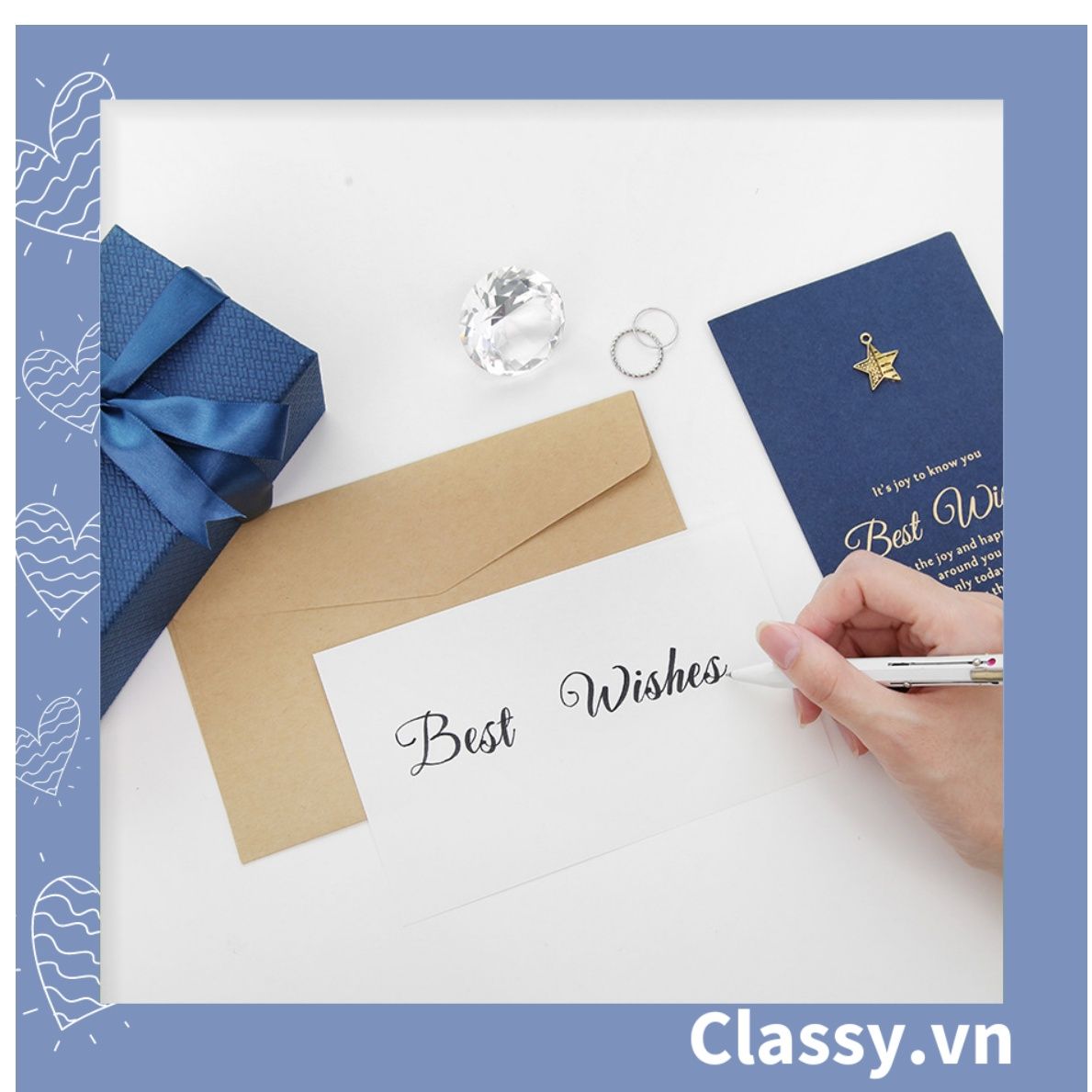 Thiệp Cổ điển Size lớn 17 X 10 CM, màu xanh Navy, đính họa tiết cổ điển, giấy art sang trọng kèm phong bì Q740