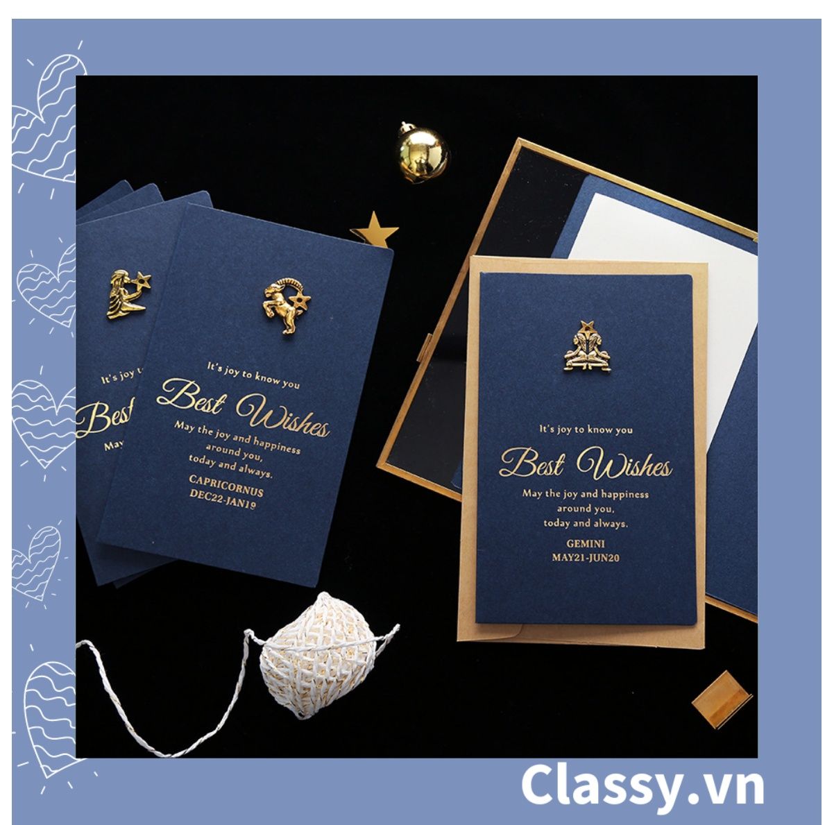 Thiệp Cổ điển Size lớn 17 X 10 CM, màu xanh Navy, đính họa tiết cổ điển, giấy art sang trọng kèm phong bì Q740