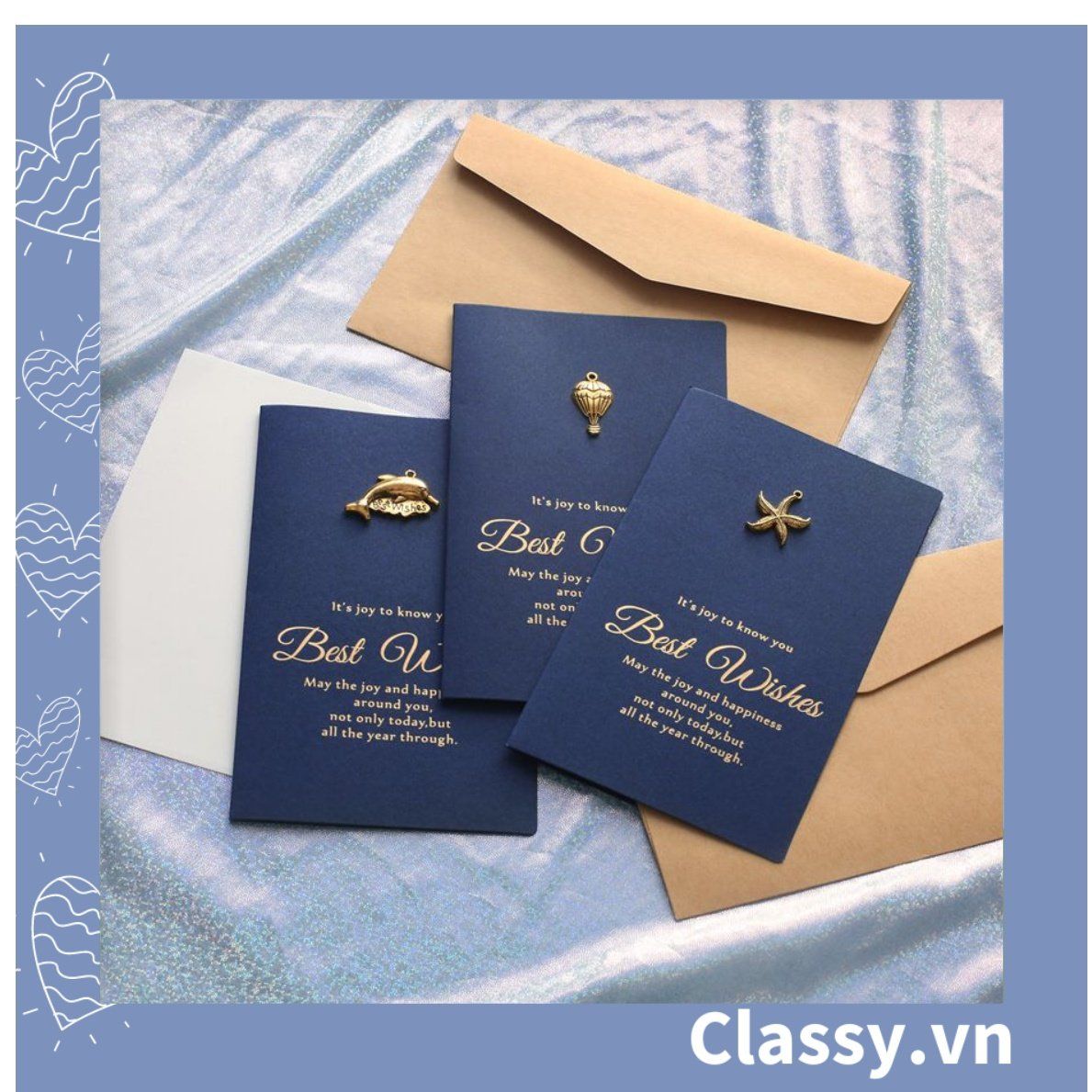 Thiệp Cổ điển Size lớn 17 X 10 CM, màu xanh Navy, đính họa tiết cổ điển, giấy art sang trọng kèm phong bì Q740