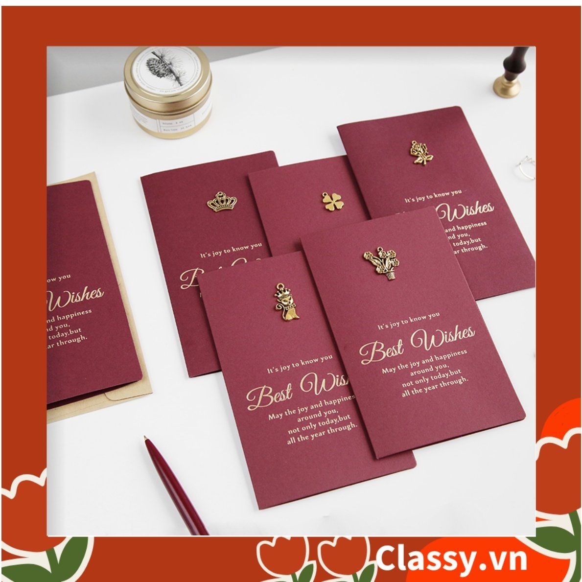 Thiệp Cổ điển Size lớn 17 X 10 CM, màu xanh Navy, đính họa tiết cổ điển, giấy art sang trọng kèm phong bì Q740