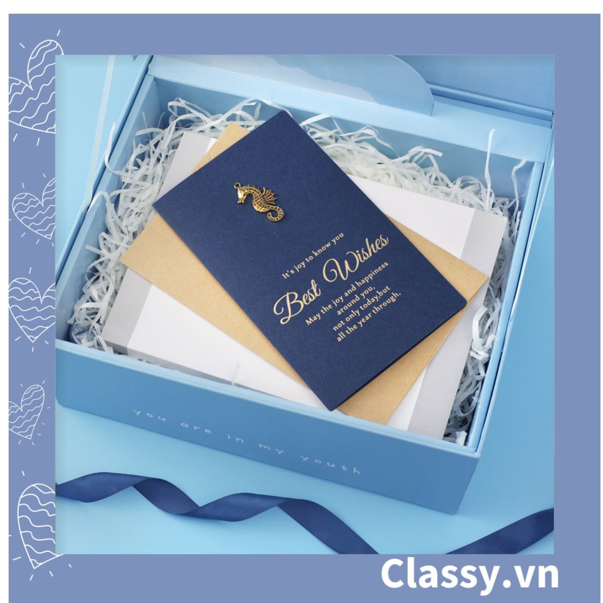 Thiệp Cổ điển Size lớn 17 X 10 CM, màu xanh Navy, đính họa tiết cổ điển, giấy art sang trọng kèm phong bì Q740