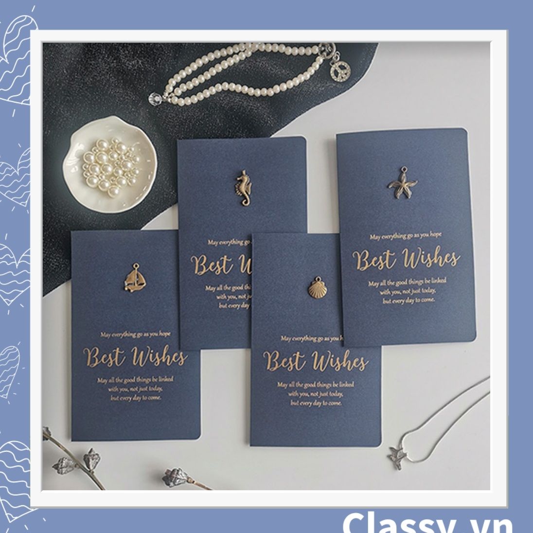 Thiệp Cổ điển Size lớn 17 X 10 CM, màu xanh Navy, đính họa tiết cổ điển, giấy art sang trọng kèm phong bì Q740