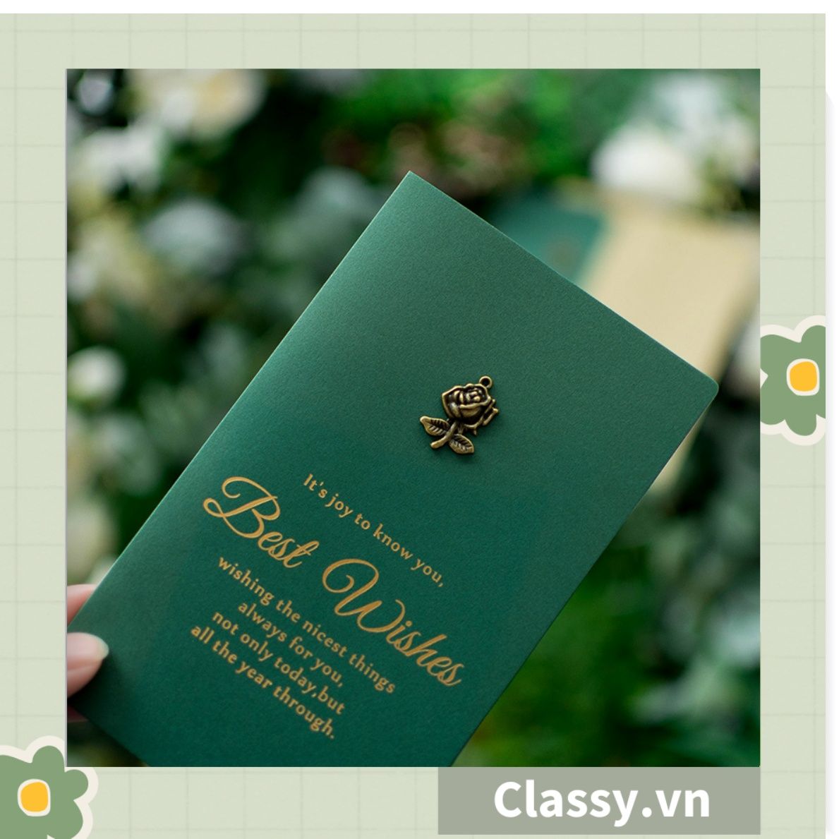 Thiệp Cổ điển Size lớn 17 X 10 CM, màu xanh Navy, đính họa tiết cổ điển, giấy art sang trọng kèm phong bì Q740