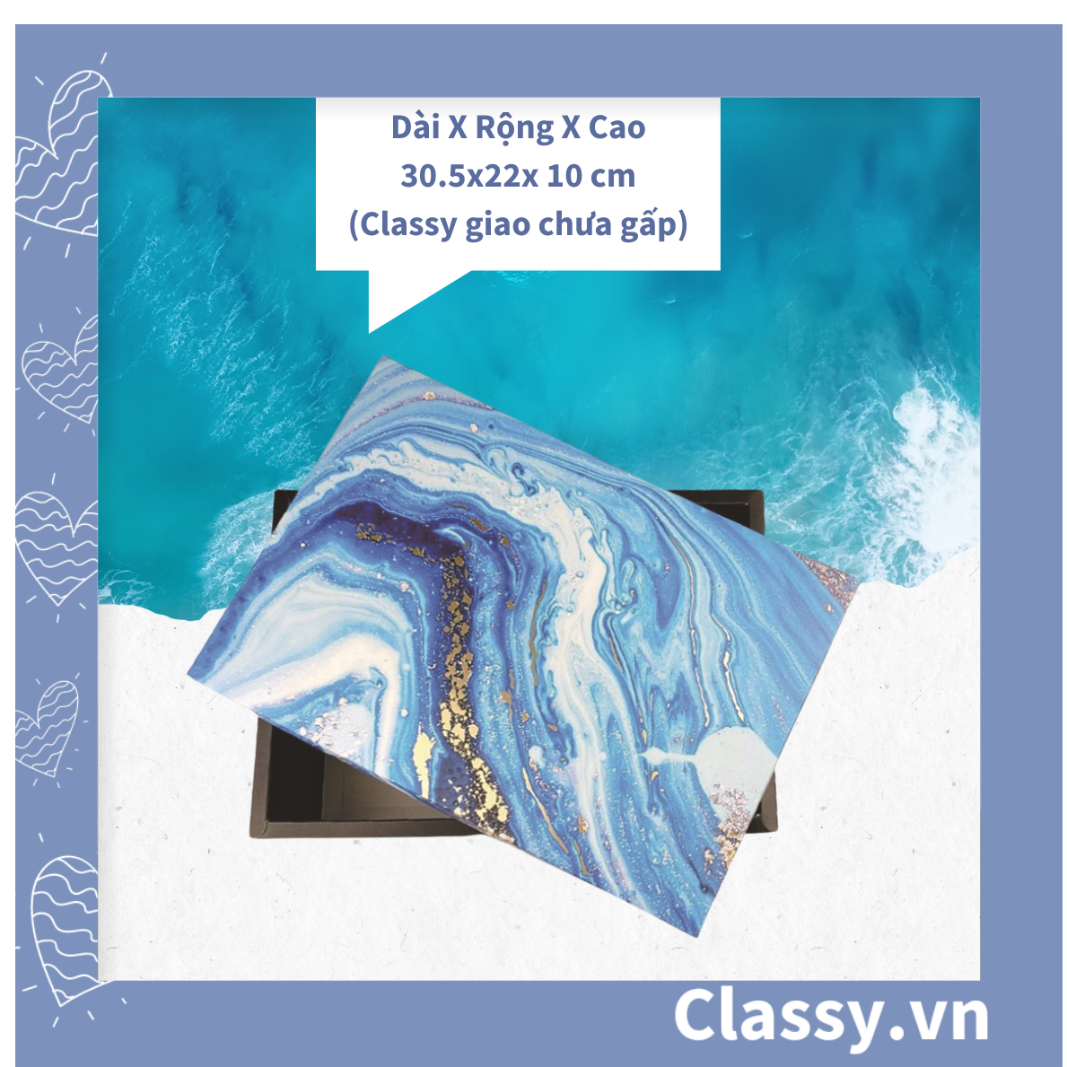 XÉ LẺ Túi giấy hoặc Hộp quà gấp kích thước 30,5x22x10cm quà tặng hoạ tiết đá cẩm thạch màu xanh blue Q754