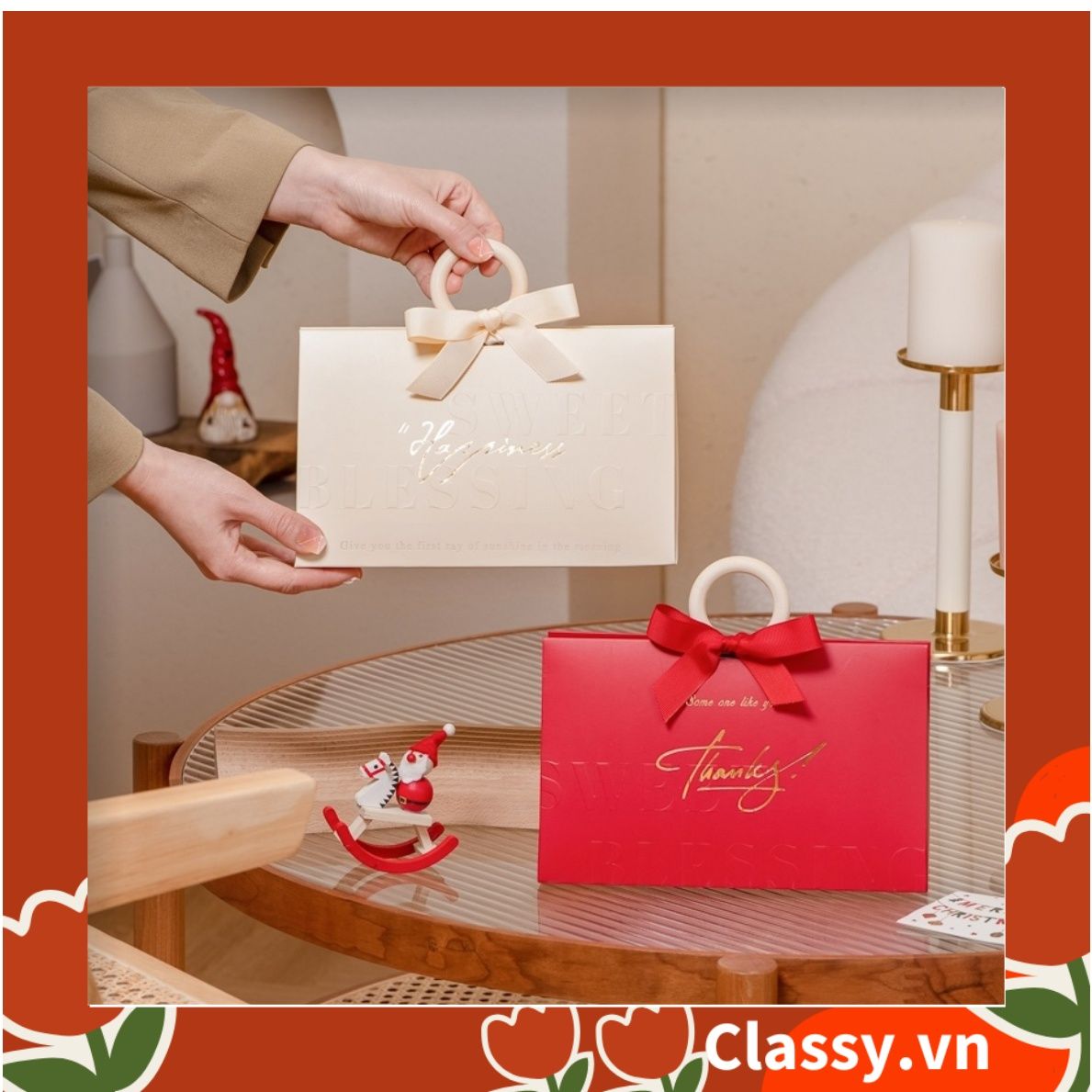 Q756 Kích thước 22*7.5*14 CM - Hộp giấy đựng quà tặng hình chữ nhật, họa tiết tối giản, có gắn quai cầm hình tròn và ruy băng