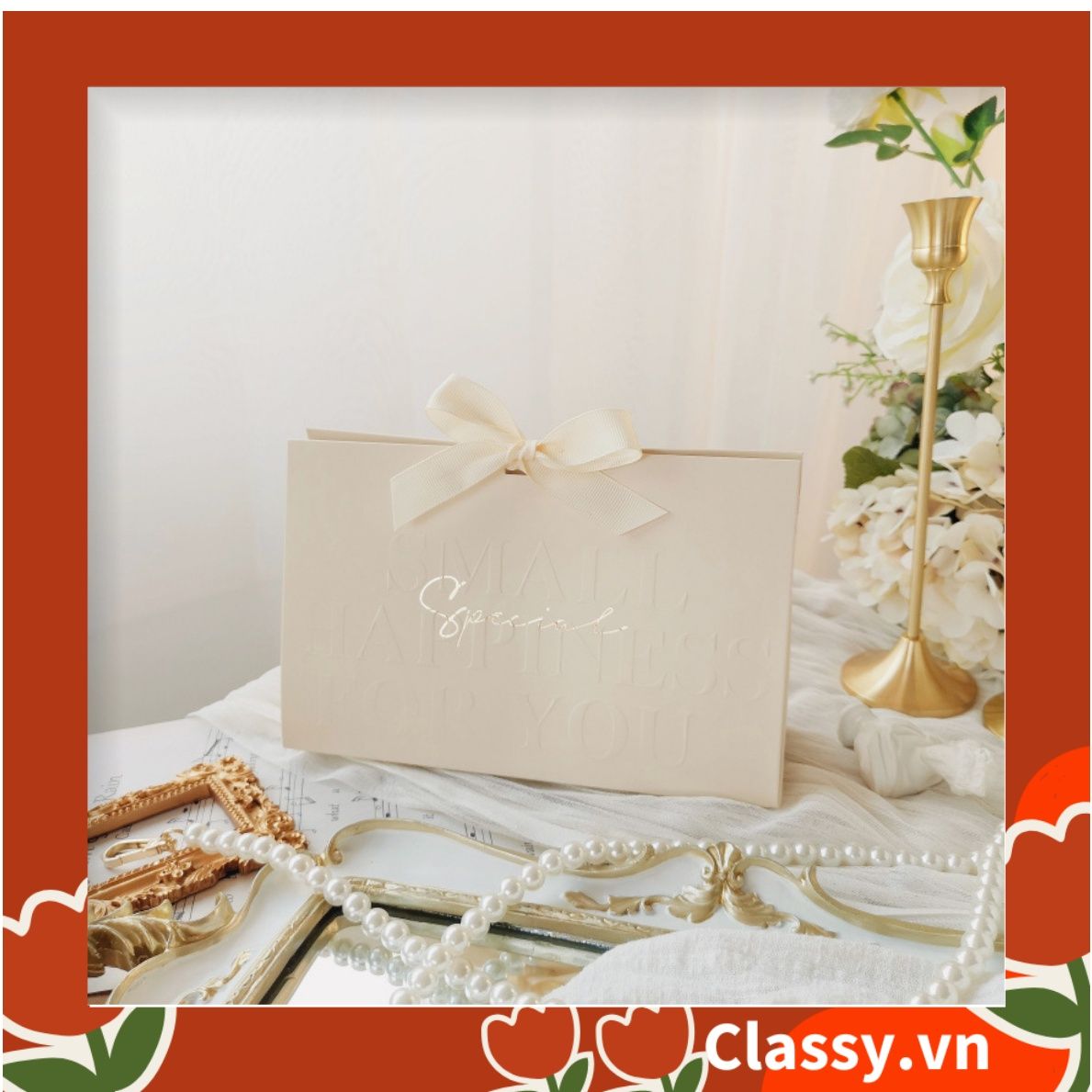 Q756 Kích thước 22*7.5*14 CM - Hộp giấy đựng quà tặng hình chữ nhật, họa tiết tối giản, có gắn quai cầm hình tròn và ruy băng