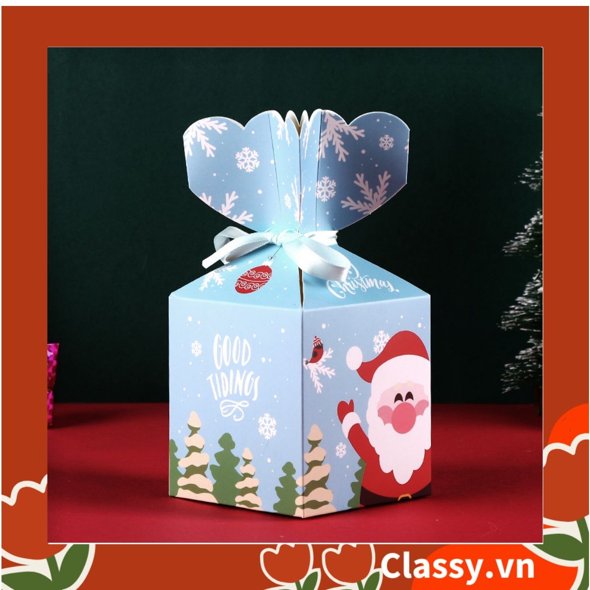 Hộp giấy Giáng sinh 9.5*8*8cm tự gấp hình viên kẹo, gắn ruy băng; in họa tiết NOEL vui vẻ Q765