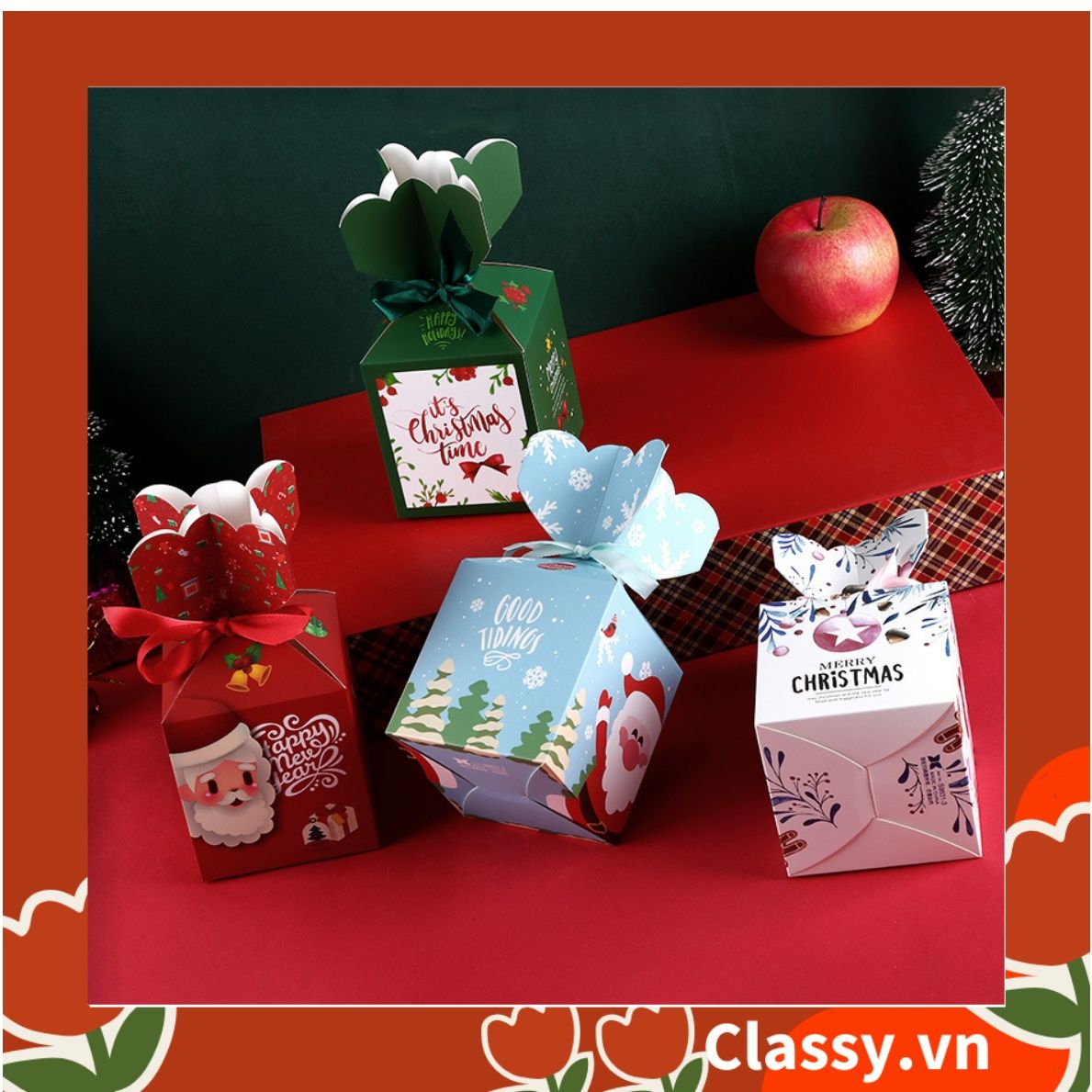 Hộp giấy Giáng sinh 9.5*8*8cm tự gấp hình viên kẹo, gắn ruy băng; in họa tiết NOEL vui vẻ Q765