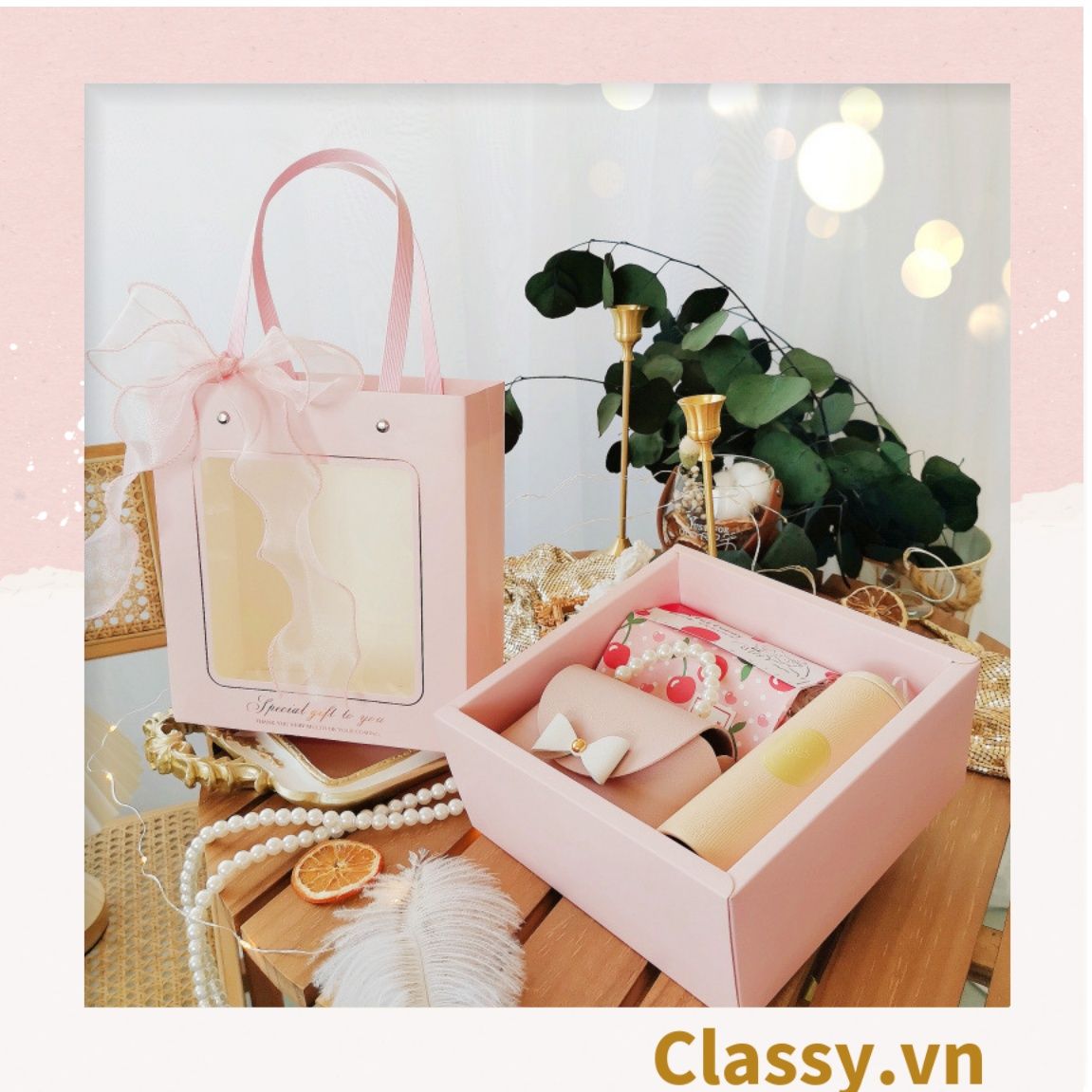 Q793 Bộ Túi giấy và Hộp quà tự gấp kích thước 20x20x9cm trong suốt trơn màu, quà tặng lễ tết sinh nhật xinh xắn