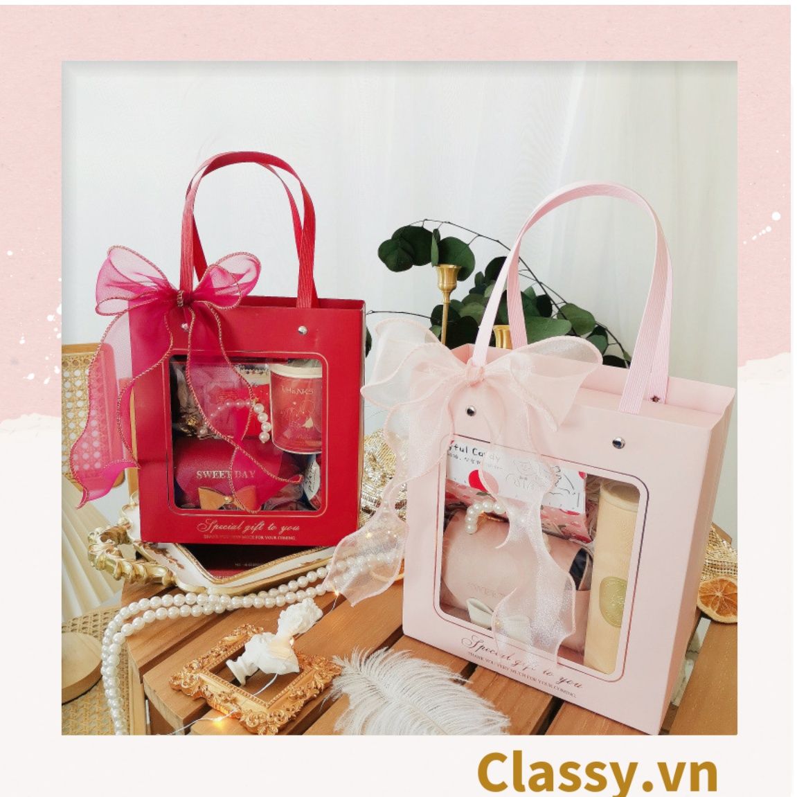 Q793 Bộ Túi giấy và Hộp quà tự gấp kích thước 20x20x9cm trong suốt trơn màu, quà tặng lễ tết sinh nhật xinh xắn