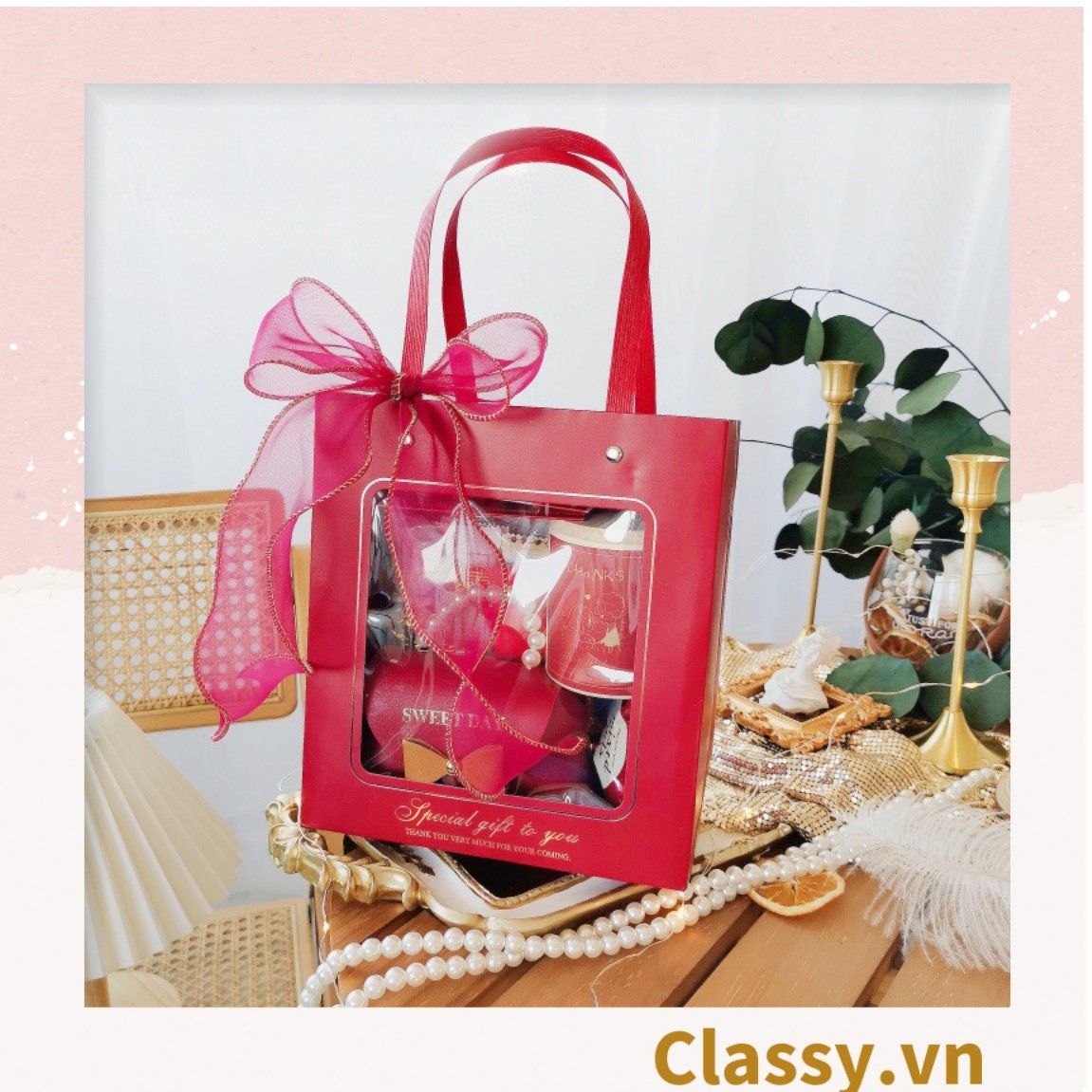Q793 Bộ Túi giấy và Hộp quà tự gấp kích thước 20x20x9cm trong suốt trơn màu, quà tặng lễ tết sinh nhật xinh xắn