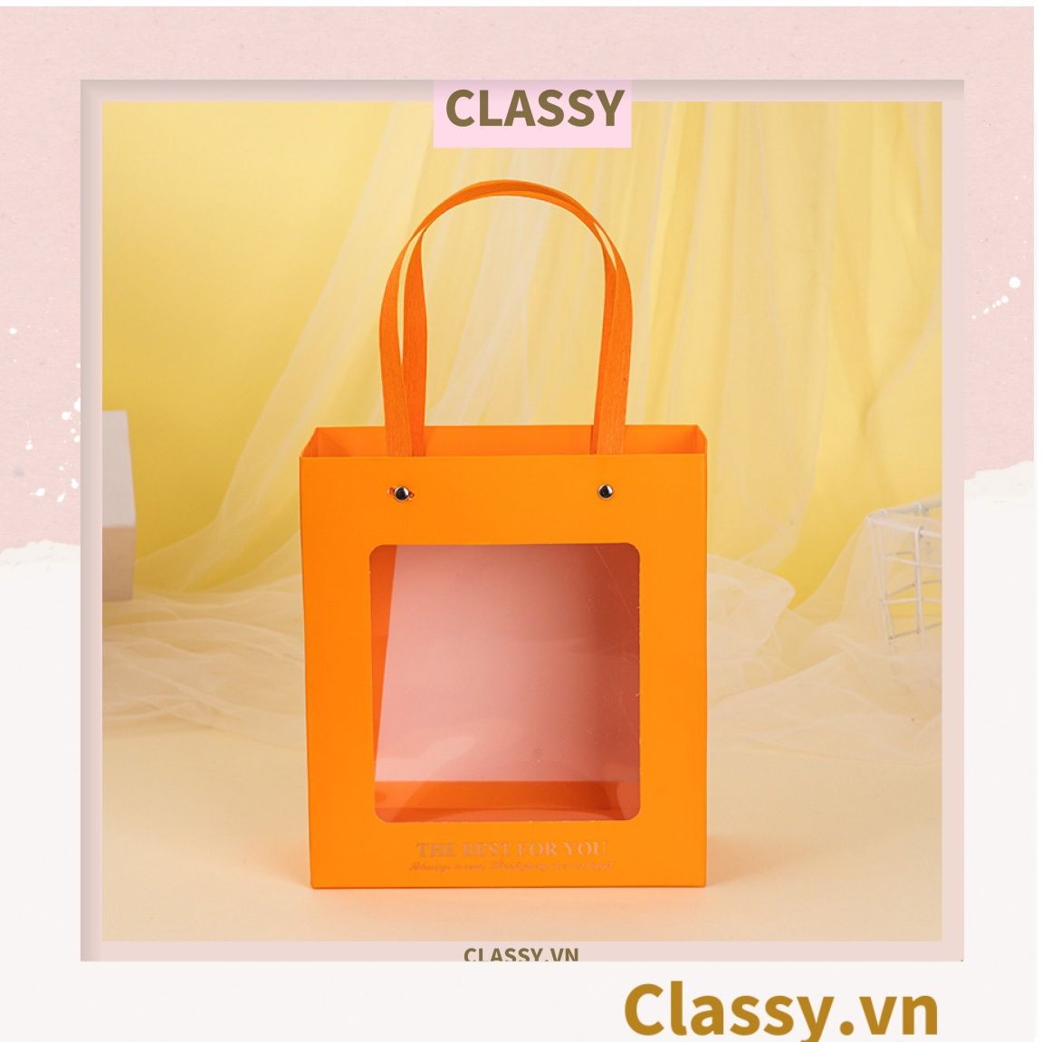 Q793 Bộ Túi giấy và Hộp quà tự gấp kích thước 20x20x9cm trong suốt trơn màu, quà tặng lễ tết sinh nhật xinh xắn
