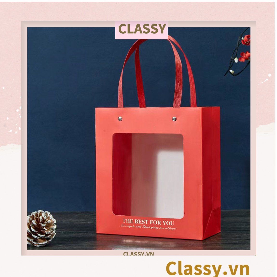 Q793 Bộ Túi giấy và Hộp quà tự gấp kích thước 20x20x9cm trong suốt trơn màu, quà tặng lễ tết sinh nhật xinh xắn
