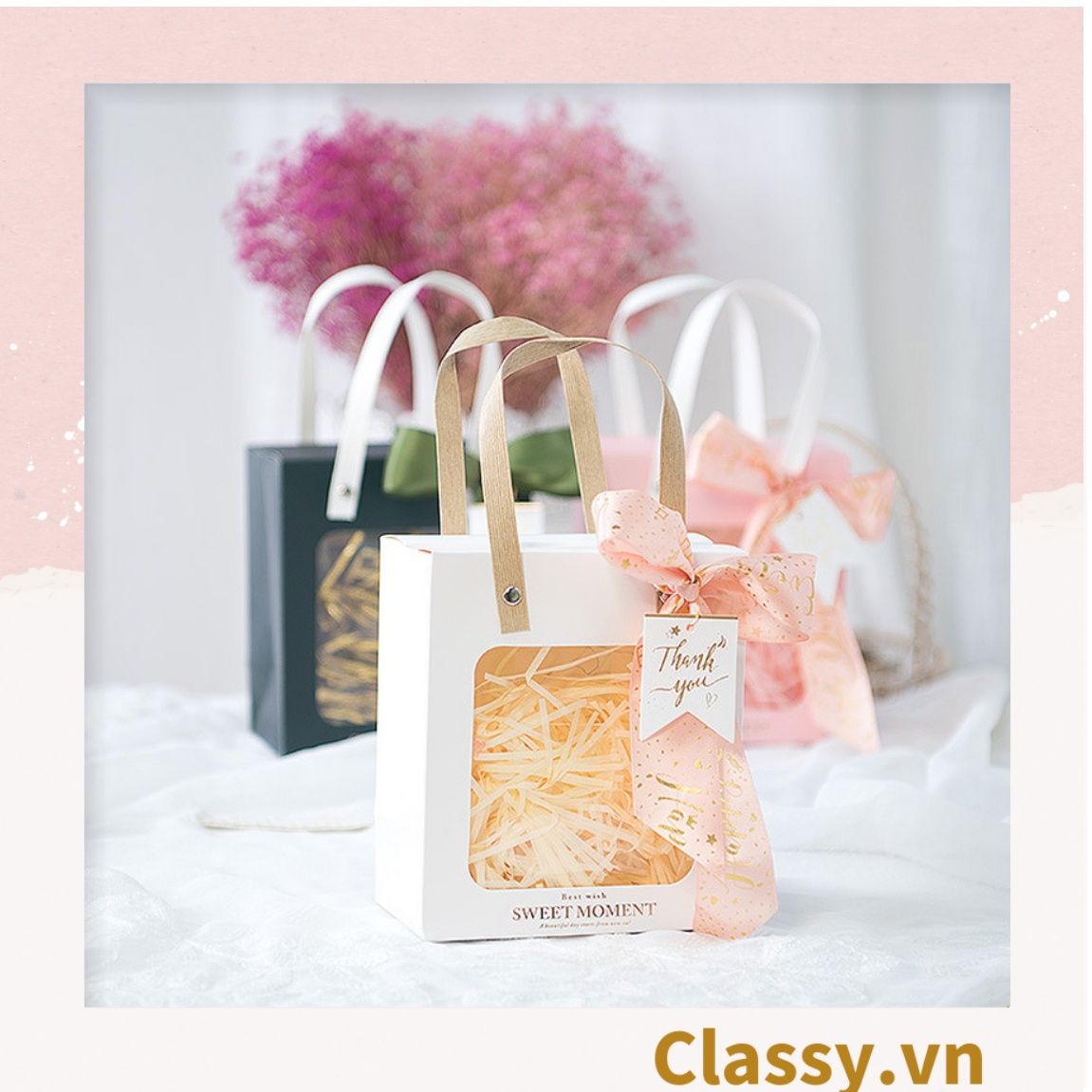 Q793 Bộ Túi giấy và Hộp quà tự gấp kích thước 20x20x9cm trong suốt trơn màu, quà tặng lễ tết sinh nhật xinh xắn