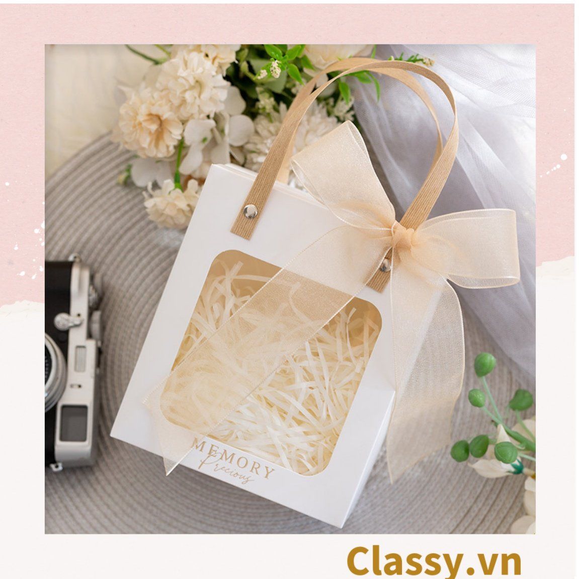 Q793 Bộ Túi giấy và Hộp quà tự gấp kích thước 20x20x9cm trong suốt trơn màu, quà tặng lễ tết sinh nhật xinh xắn