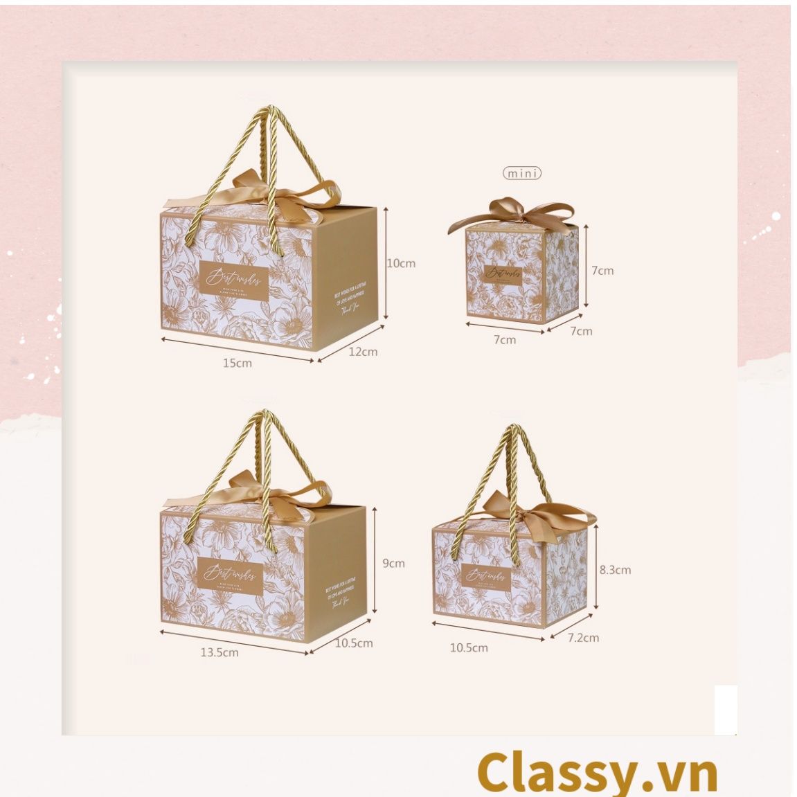 Q794 -(Kích thước 15x12x10cm) - Hộp giấy tự gấp đựng quà tặng hình hộp vuông kèm ruy băng và quai xách nhựa cứng