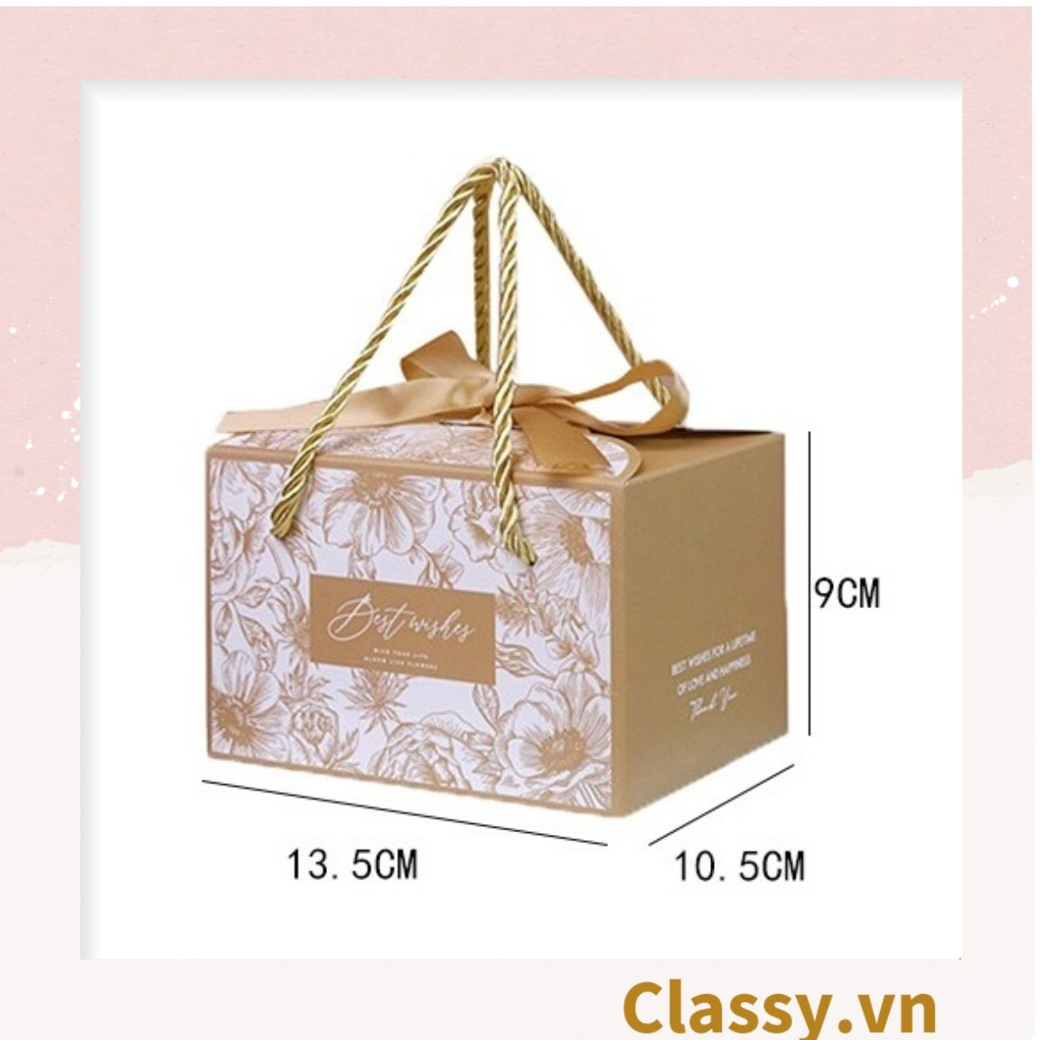 Q794 -(Kích thước 15x12x10cm) - Hộp giấy tự gấp đựng quà tặng hình hộp vuông kèm ruy băng và quai xách nhựa cứng
