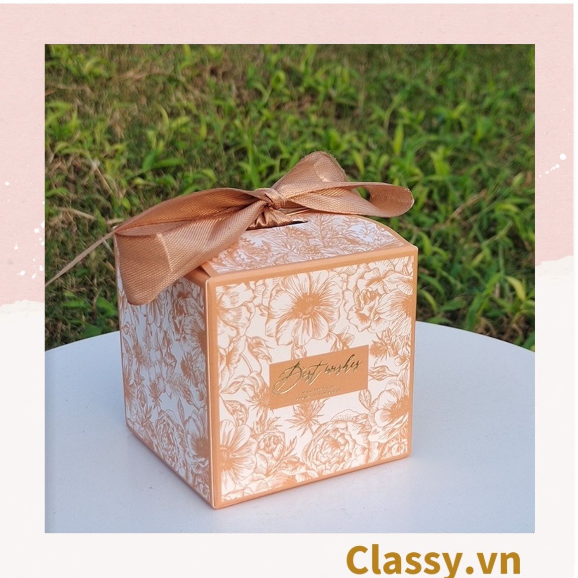 Q794 -(Kích thước 15x12x10cm) - Hộp giấy tự gấp đựng quà tặng hình hộp vuông kèm ruy băng và quai xách nhựa cứng