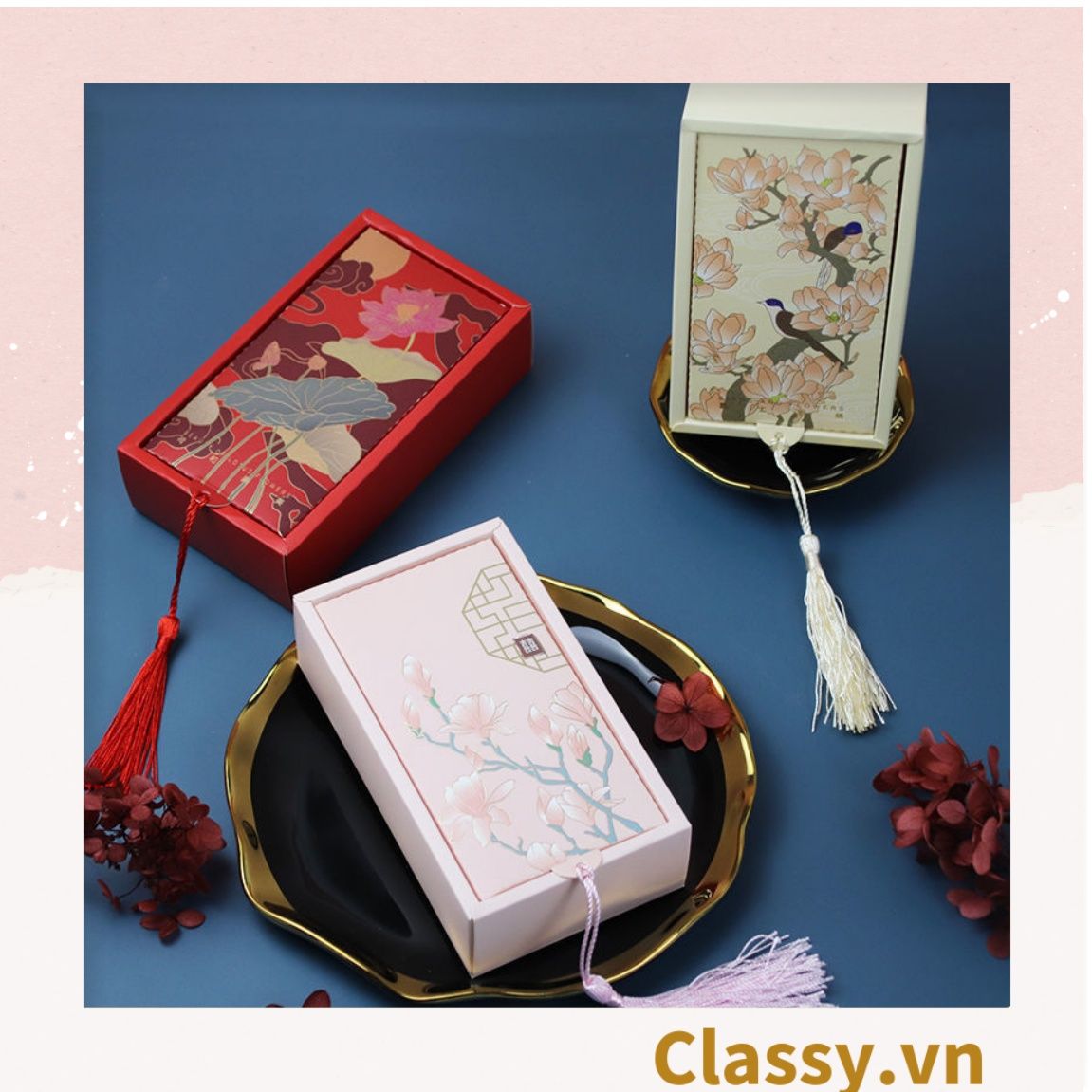Q904 - (Kích thước 8.5*4.3*14.9cm) - Hộp giấy cổ điển bằng giấy tự gấp đựng quà tặng kèm ruy băng