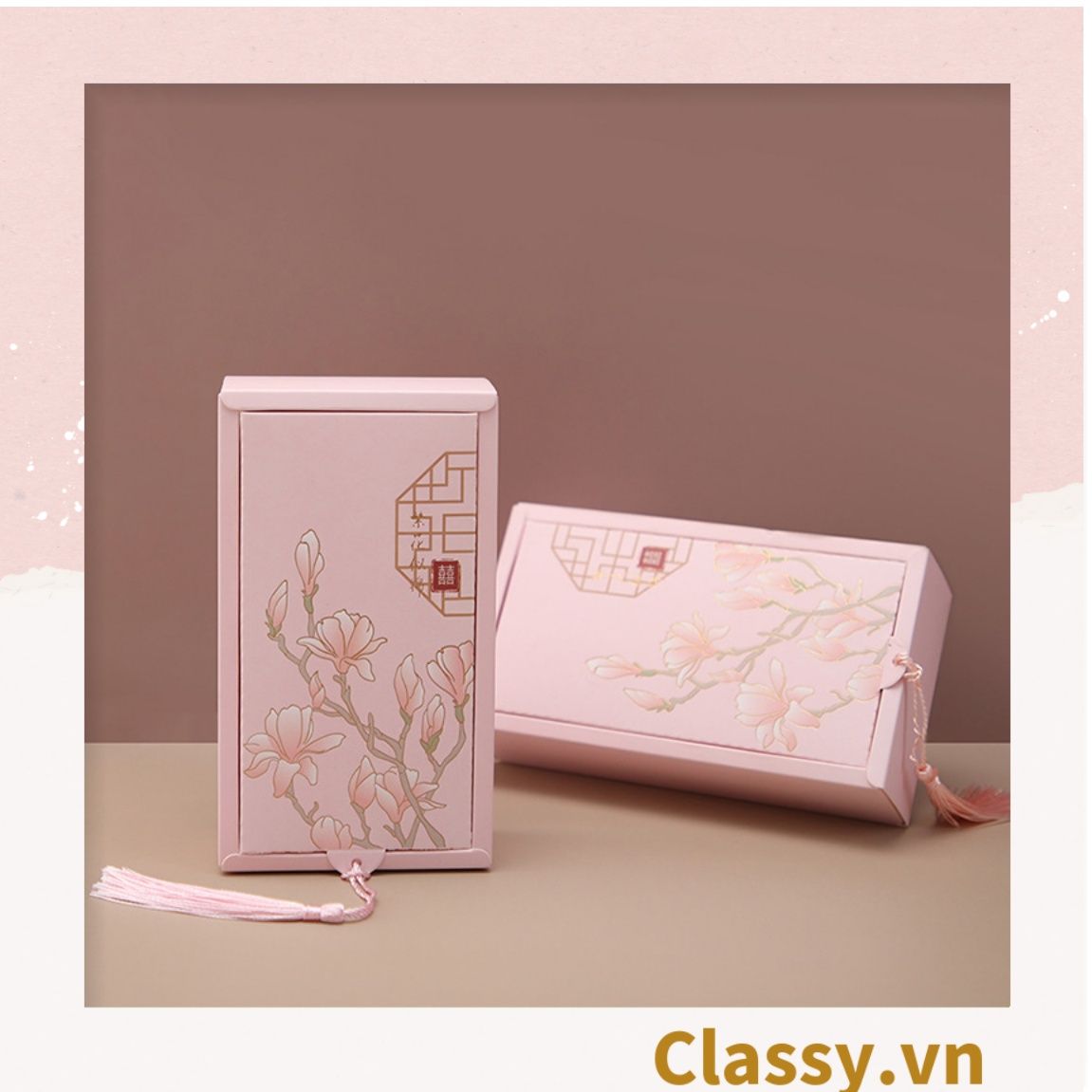 Q904 - (Kích thước 8.5*4.3*14.9cm) - Hộp giấy cổ điển bằng giấy tự gấp đựng quà tặng kèm ruy băng