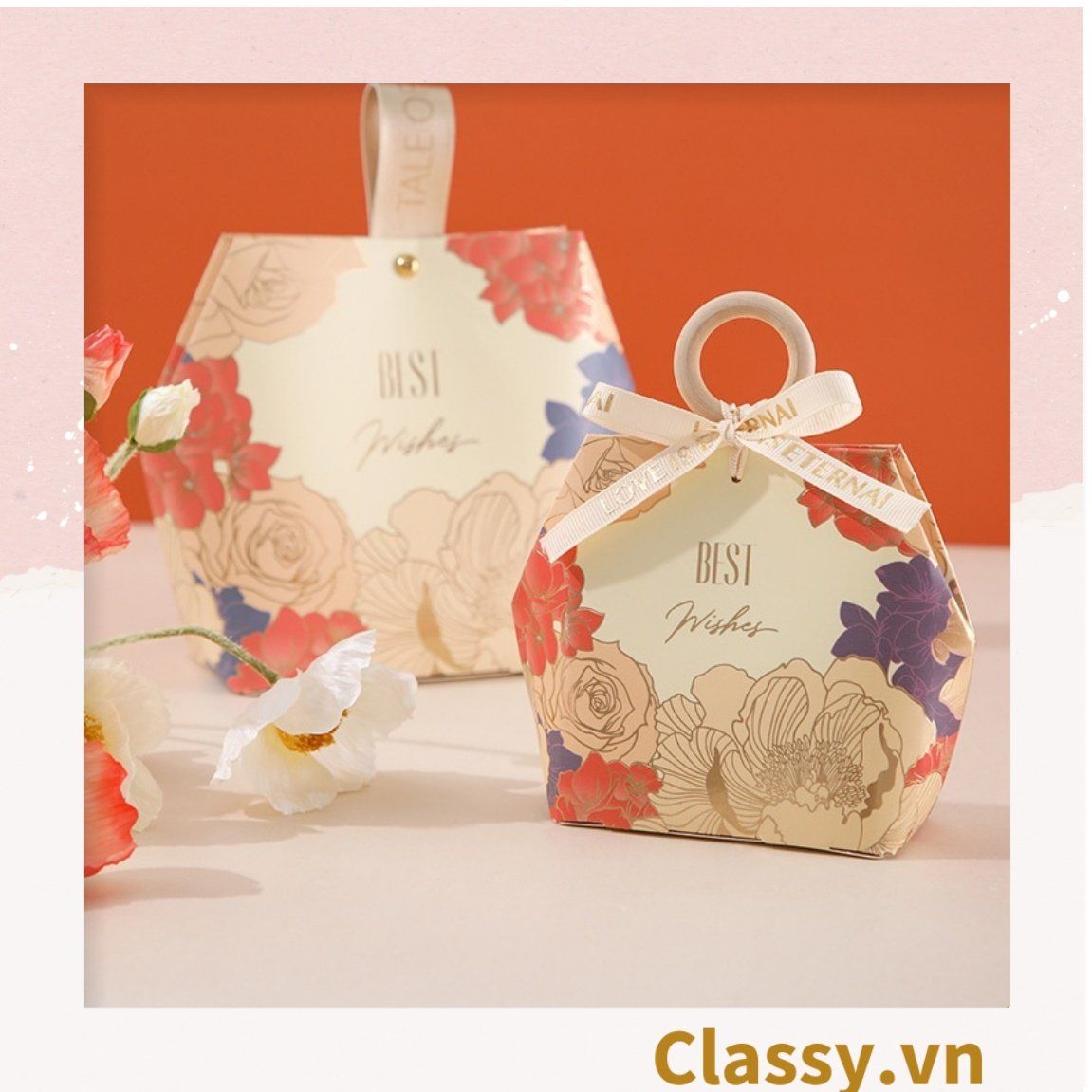 (2 Kích thước) - Hộp giấy đựng quà tặng hình lục giác, họa tiết vintage có gắn quai cầm nhựa hoặc da Q907