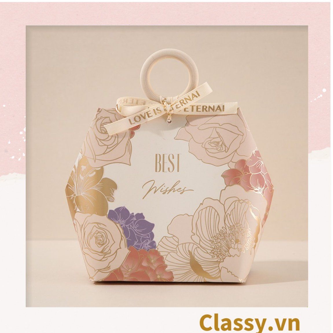 (2 Kích thước) - Hộp giấy đựng quà tặng hình lục giác, họa tiết vintage có gắn quai cầm nhựa hoặc da Q907