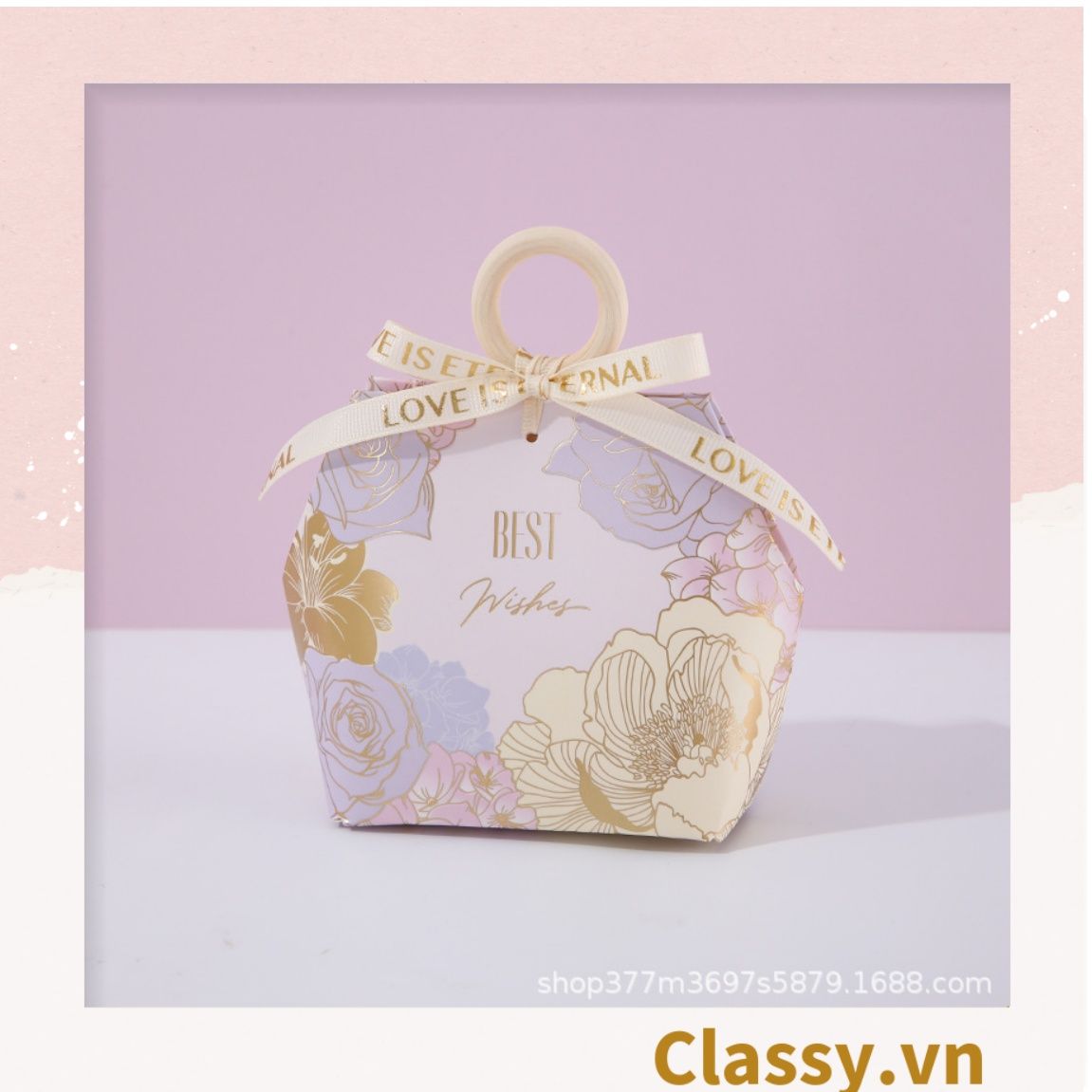 (2 Kích thước) - Hộp giấy đựng quà tặng hình lục giác, họa tiết vintage có gắn quai cầm nhựa hoặc da Q907