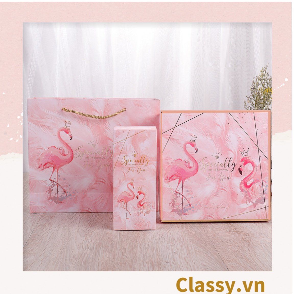 XÉ LẺ Túi giấy và Hộp quà tự gấp Làm quà tặng hoạ tiết hồng hạc hồng, làm quà tặng đựng nước hoa, quần áo, mỹ phẩm Q959