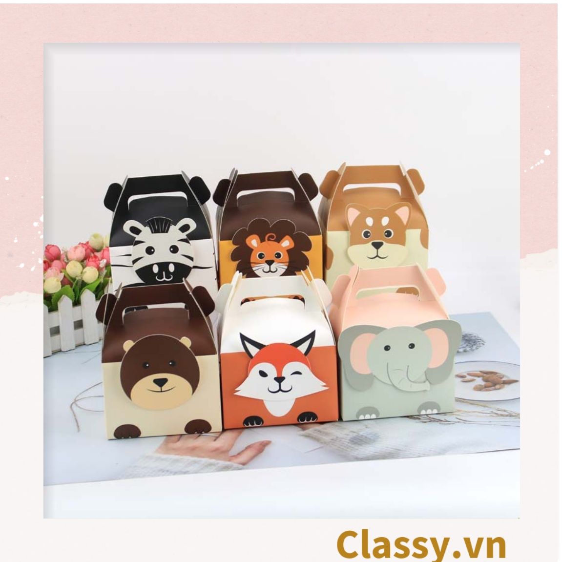Q961 Hộp bánh ngọt, hộp kẹo , hôp quà tặng cầm tay in họa tiết động vật dễ thương