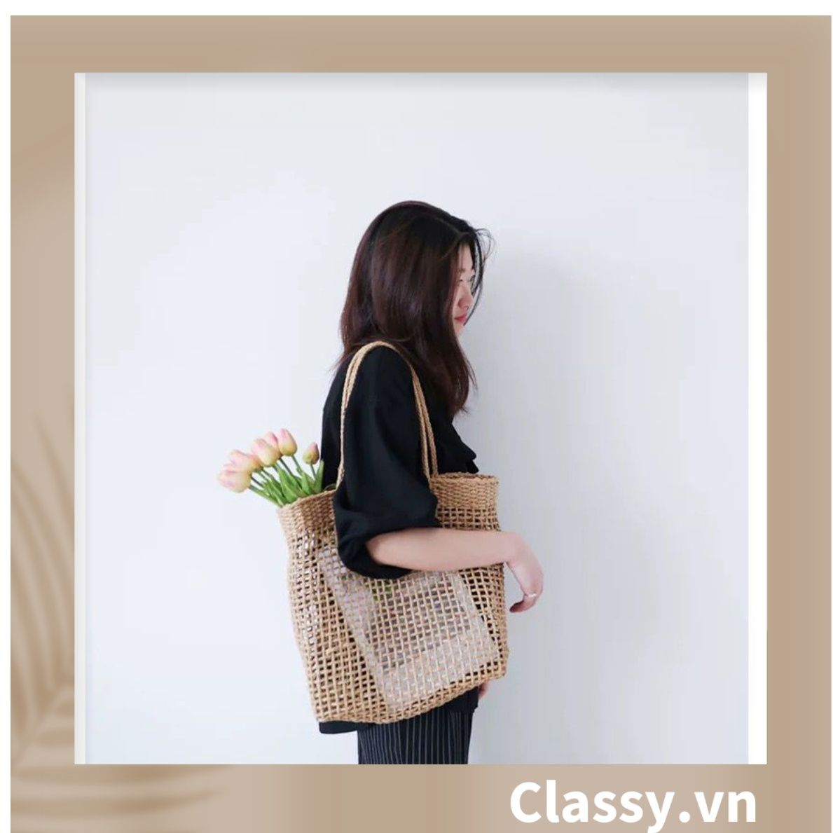 Túi cói hình thang thời trang, thích hợp đi biển, đi dạo, đi chơi T1073