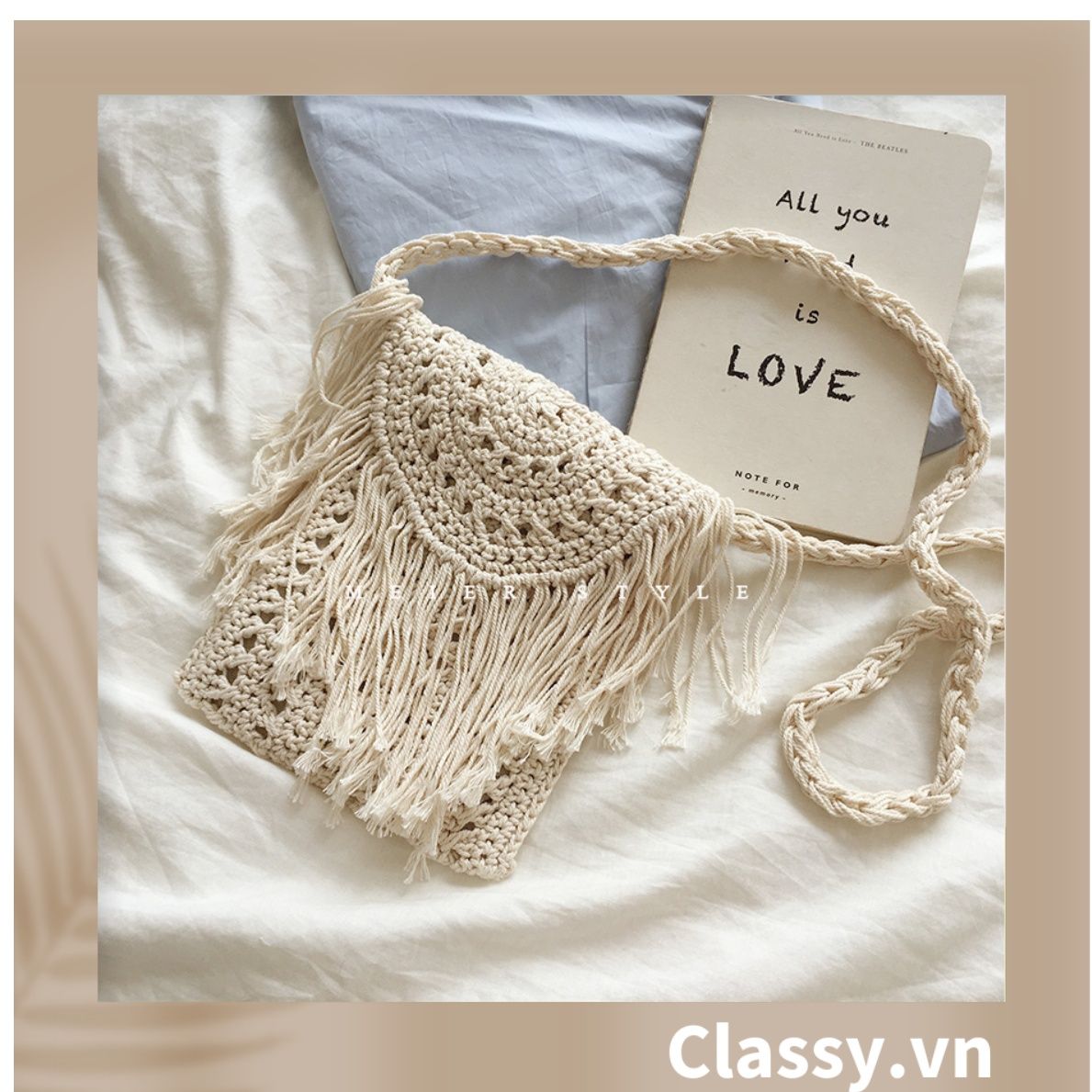 Túi dệt cotton thiết kế tua rua phong cách vintage dành cho nữ T1122