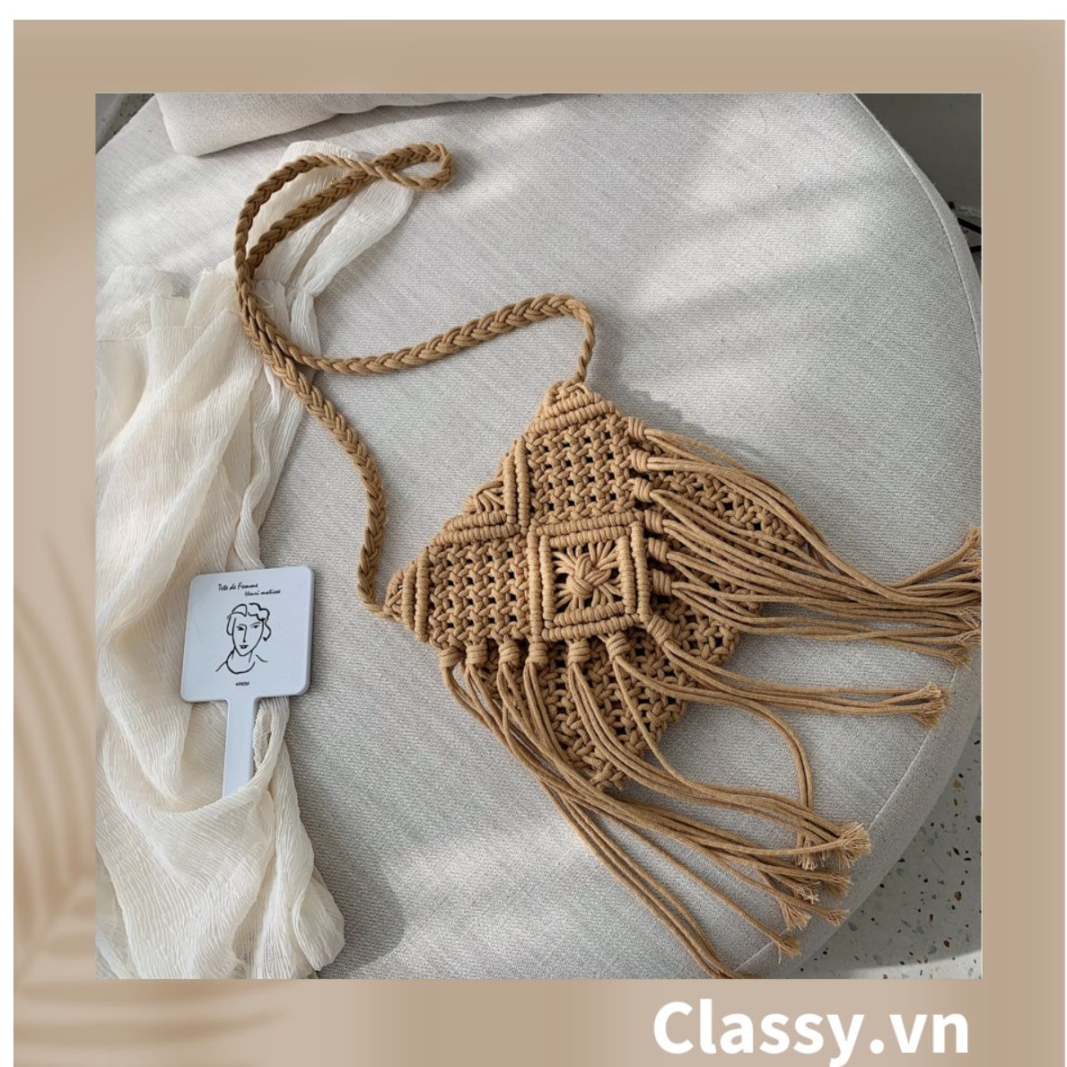 Túi dệt cotton thiết kế tua rua phong cách vintage dành cho nữ T1122