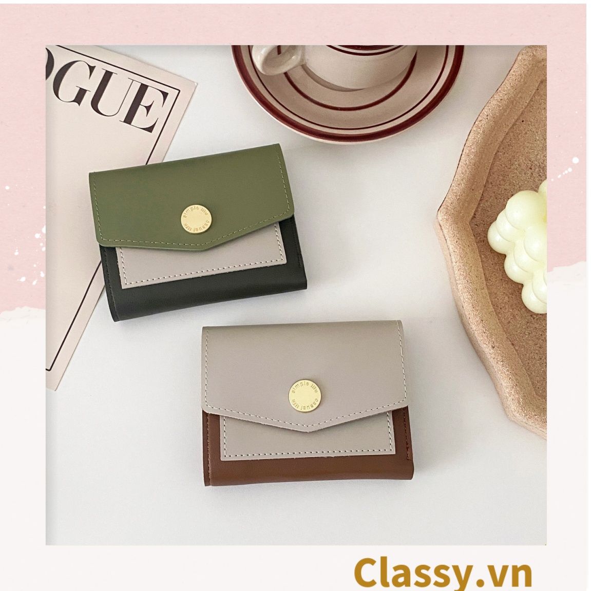 Ví nữ mini cầm tay cao cấp, màu trơn, có nút bấm T1161
