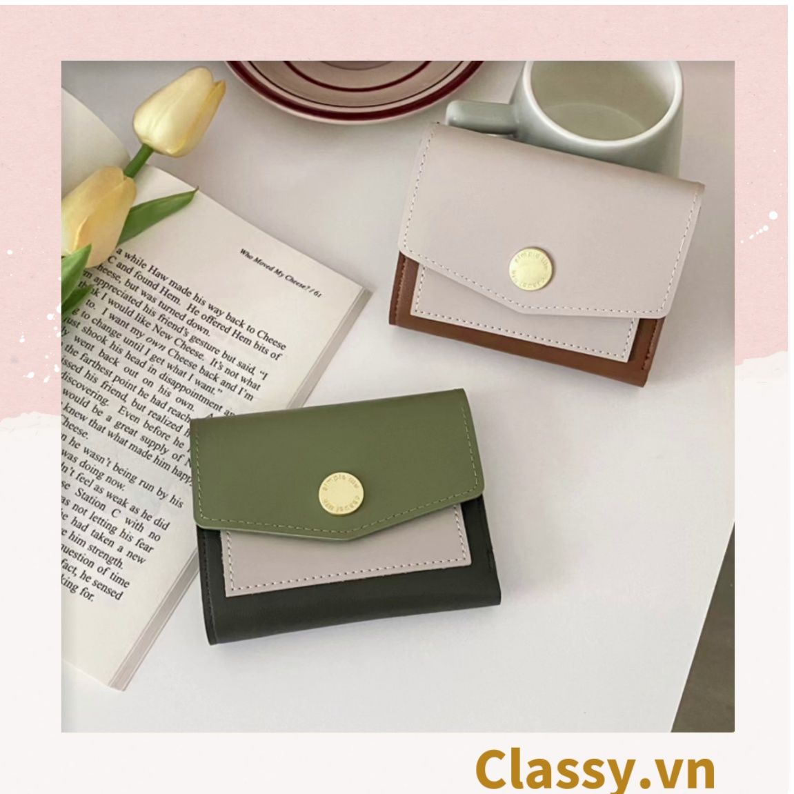 Ví nữ mini cầm tay cao cấp, màu trơn, có nút bấm T1161